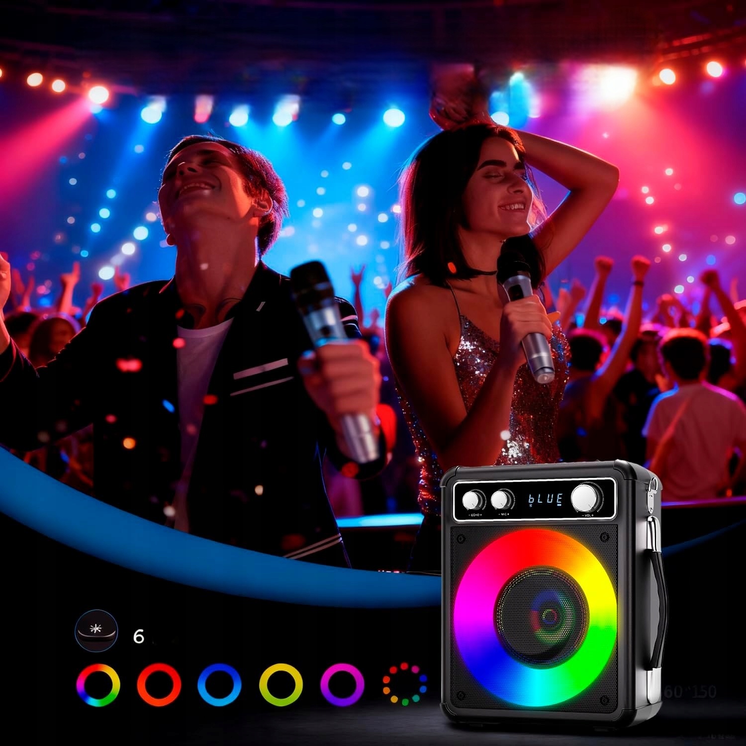 Karaoke Zestaw Bluetooth Głośnik Bezprzewodowy Dwa Mikrofony Światła Led
