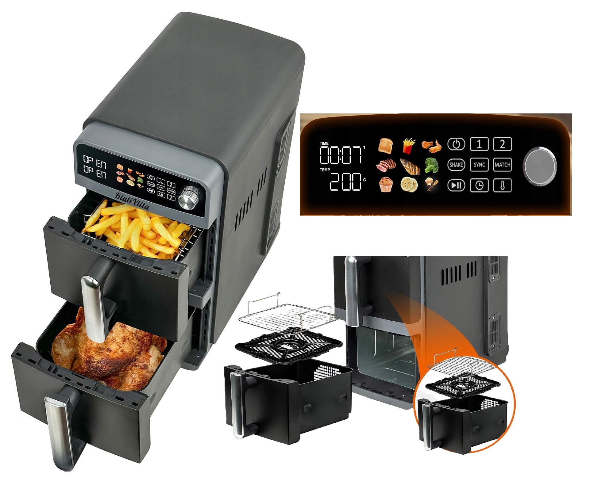 Frytkownica Beztłuszczowa Dwukomorowa Airfryer 10L 2X5L 2400W Xxl Mocna