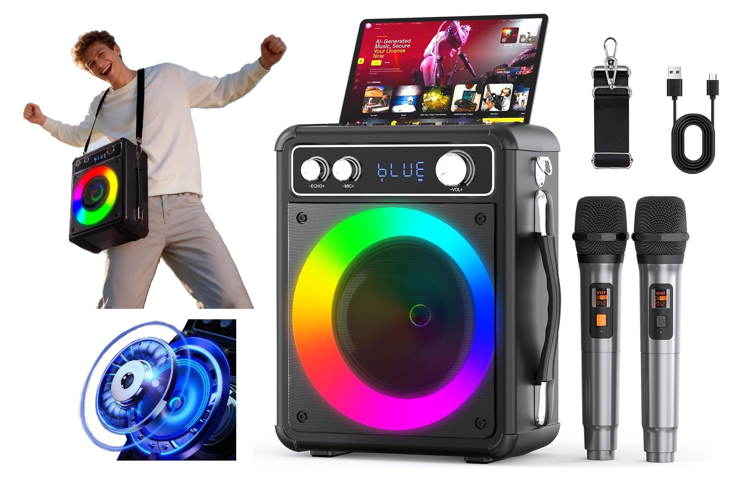 Karaoke Zestaw Bluetooth Głośnik Bezprzewodowy Dwa Mikrofony Światła Led