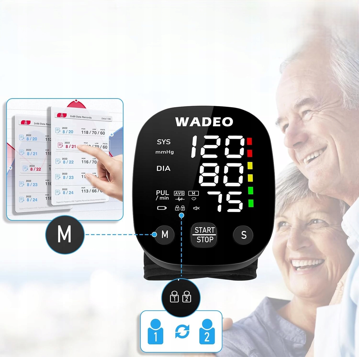 Ciśnieniomierz Nadgarstkowy Na Nadgarstek Arytmia Puls Lcd Pamięć 2X99 Etui