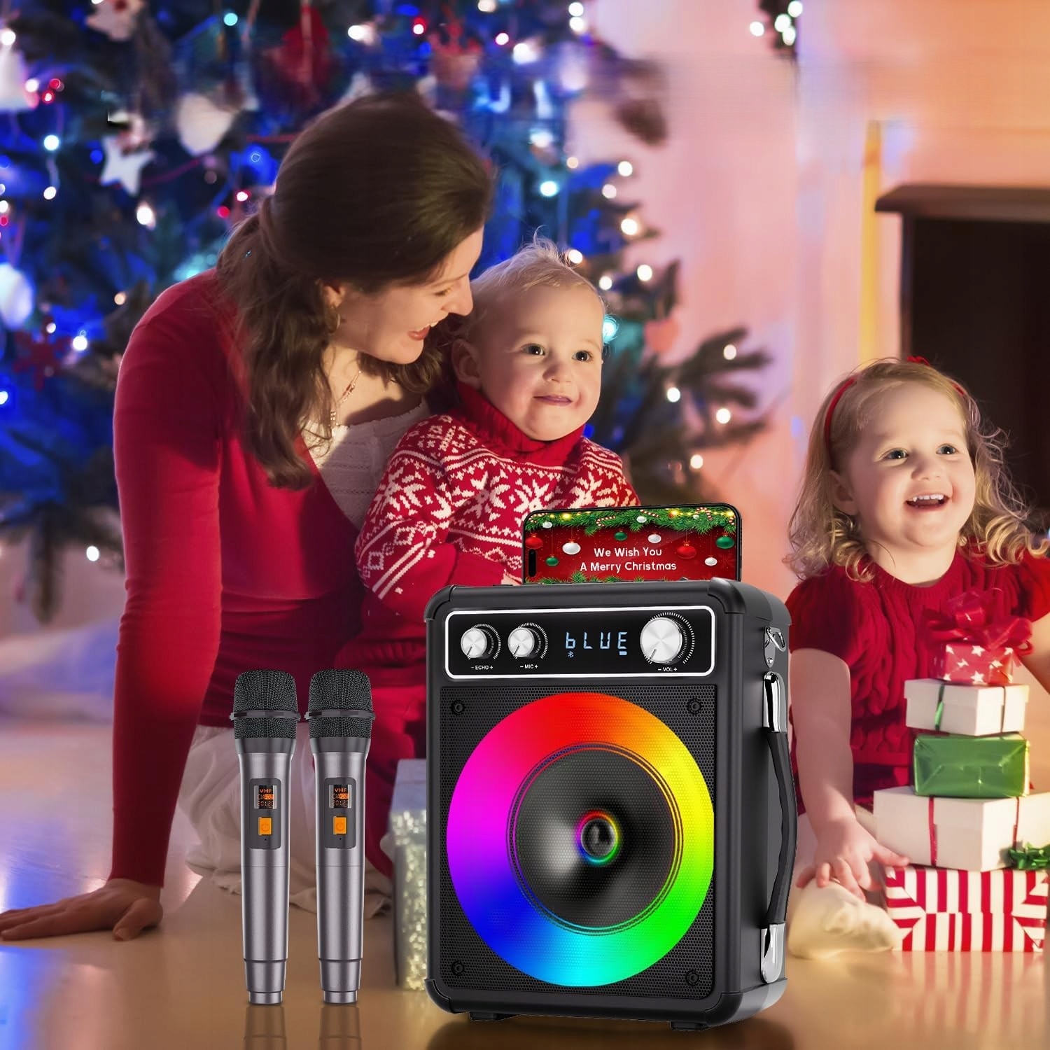 Karaoke Zestaw Bluetooth Głośnik Bezprzewodowy Dwa Mikrofony Światła Led