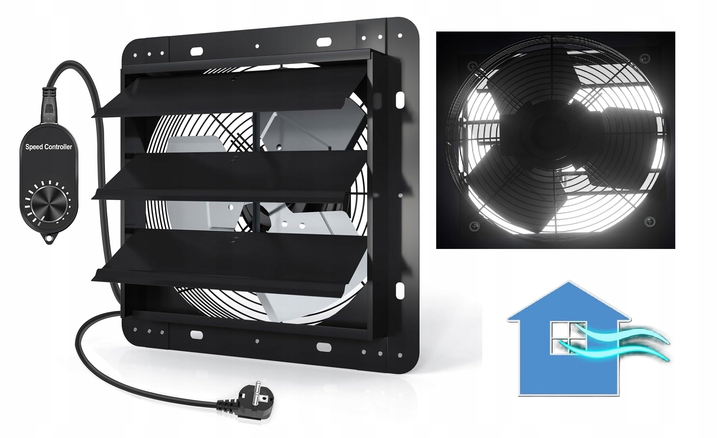 Wentylator Osiowy Ścienny Wyciągowy Przemysłowy Żaluzja Regulator 300 Mm