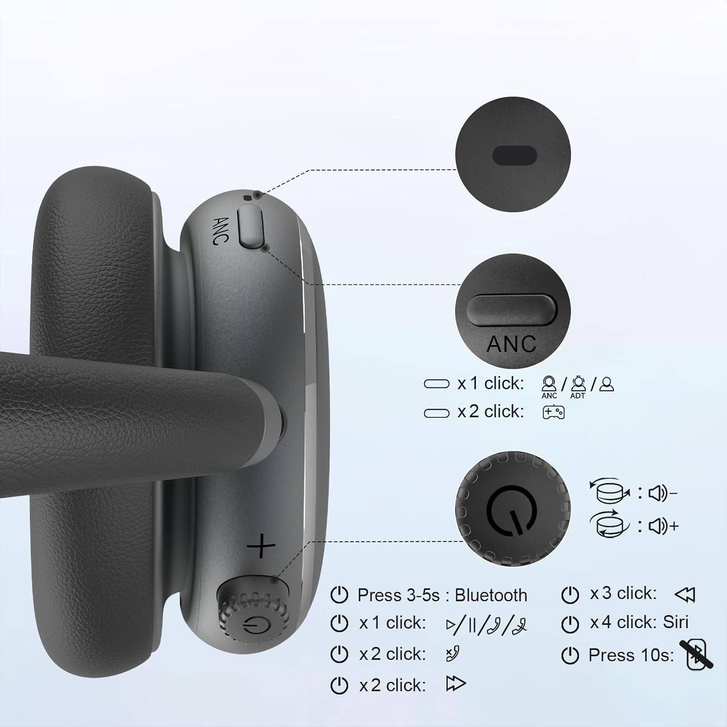 Słuchawki Bezprzewodowe Nauszne Z Mikrofonem Bluetooth 6.0 65H Hi-Res Anc