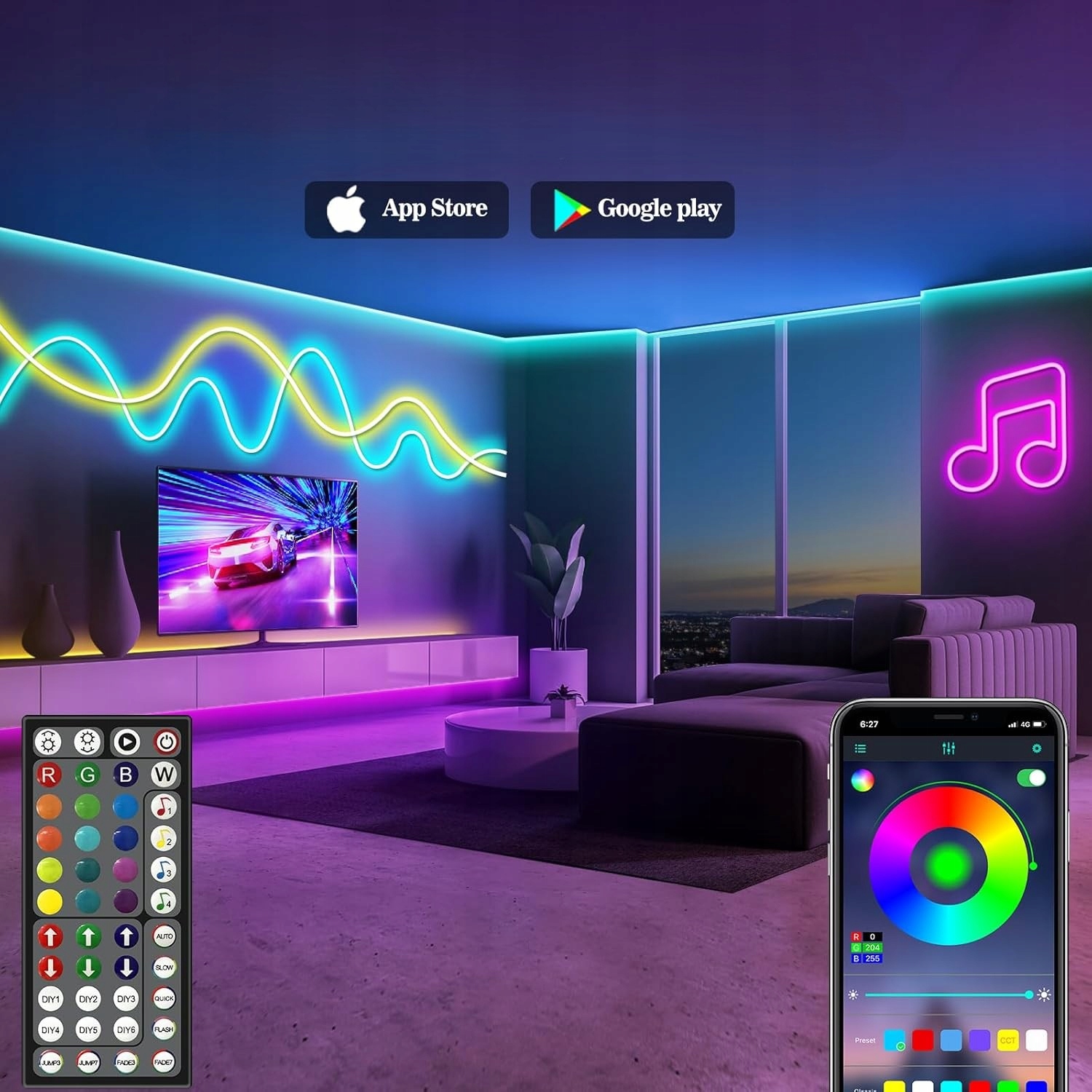 Taśma Led 15M Neonowa Rgb Wifi Aplikacja Pilot Elastyczna Formowania