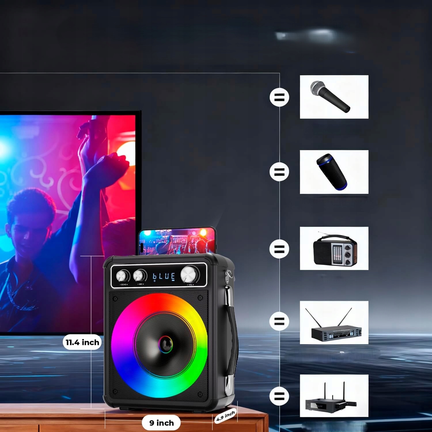 Karaoke Zestaw Bluetooth Głośnik Bezprzewodowy Dwa Mikrofony Światła Led