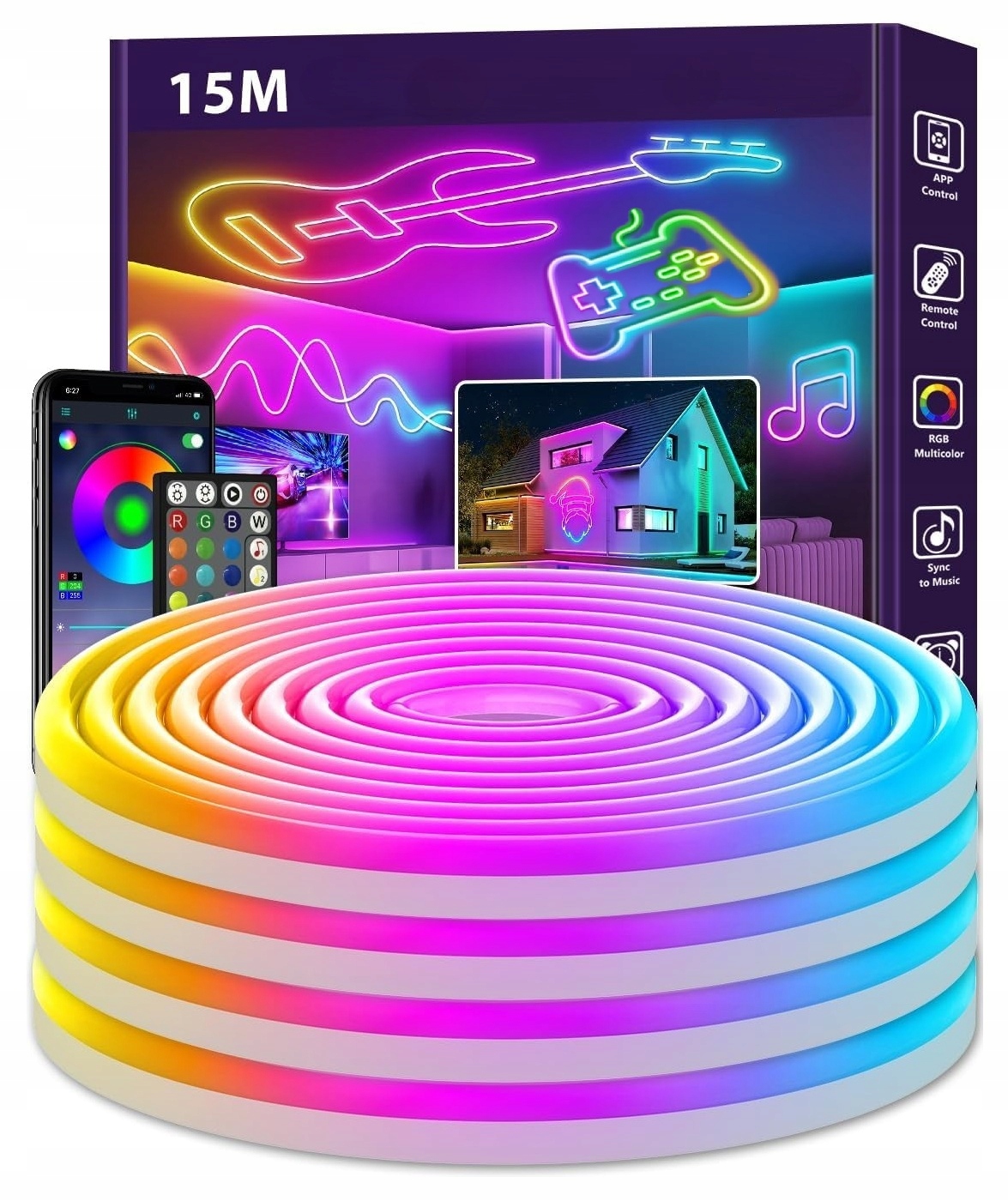 Taśma Led 15M Neonowa Rgb Wifi Aplikacja Pilot Elastyczna Formowania