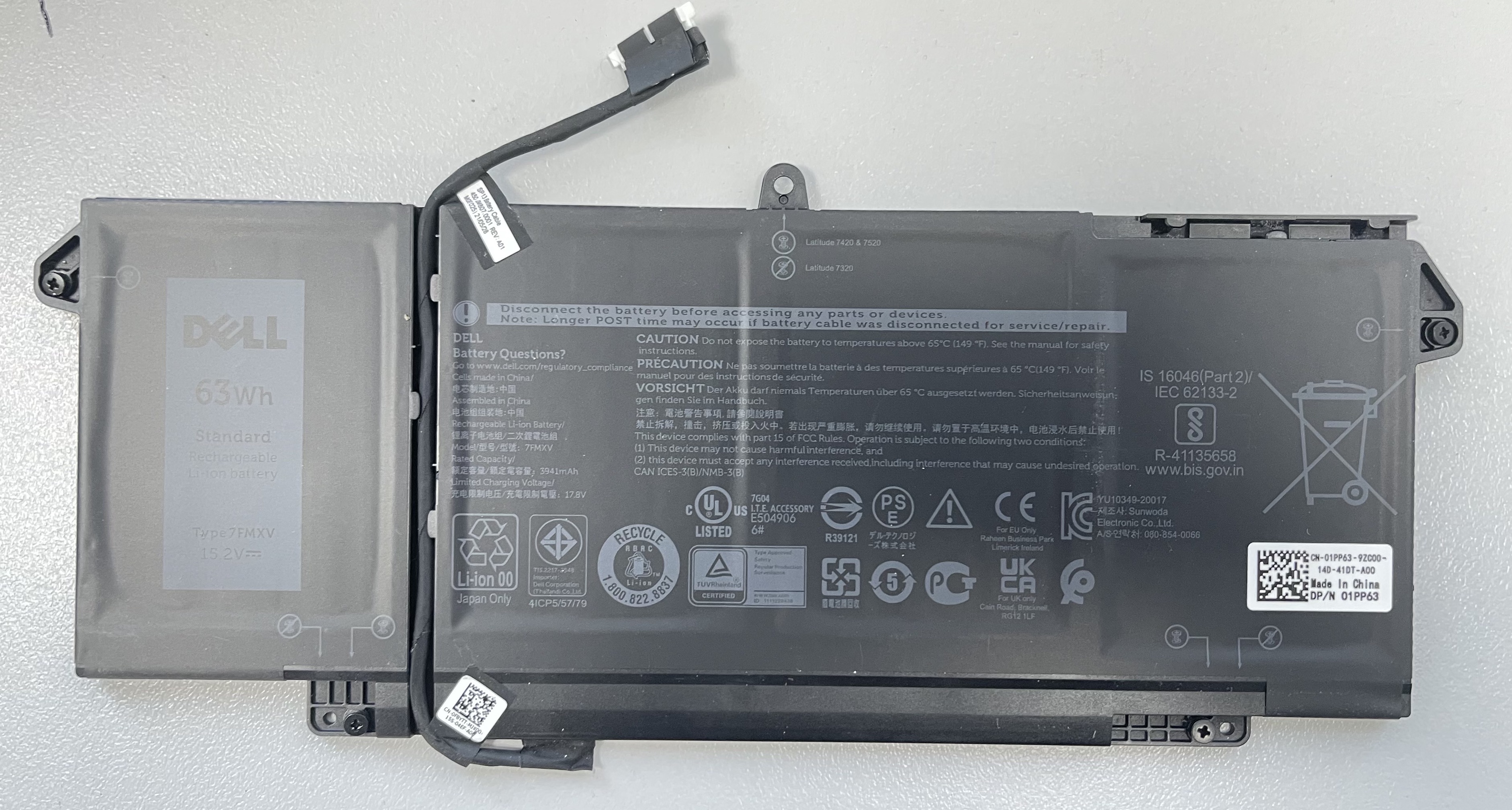 Dell Latitude 7420 Original Akku 63Wh 15,2V 3941 mAh 7FMXV 01PP63 ca. 40-50%