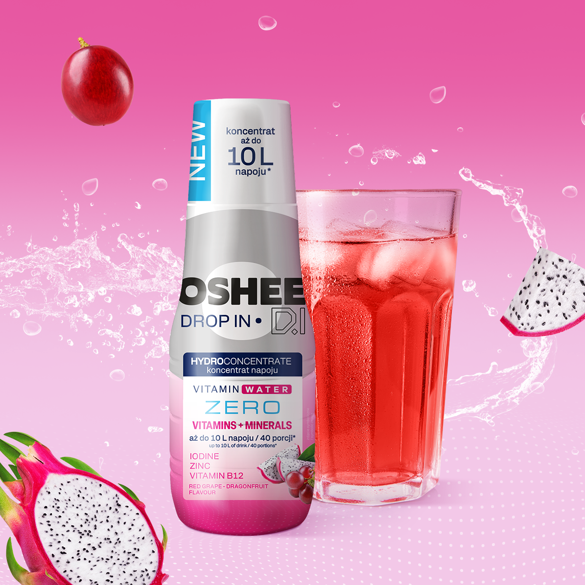 OSHEE DROP IN ZERO – czerwone winogrono & smoczy owoc, butelka