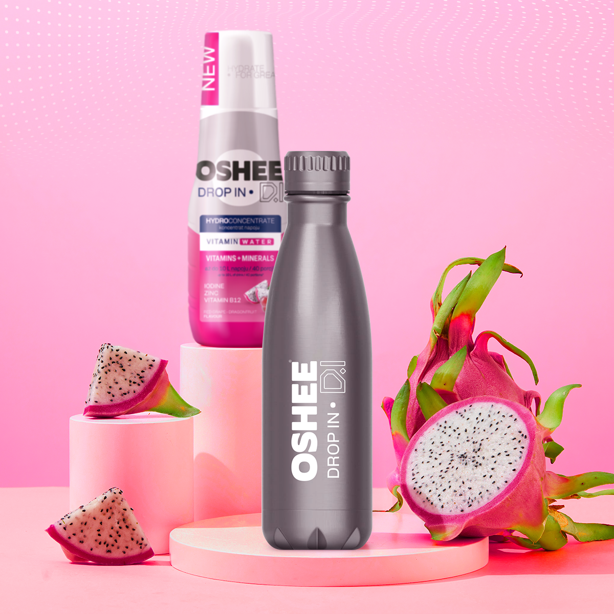 3x Hydrokoncentrat OSHEE DROP IN Witaminy Minerały +Bidon termiczny SILVER