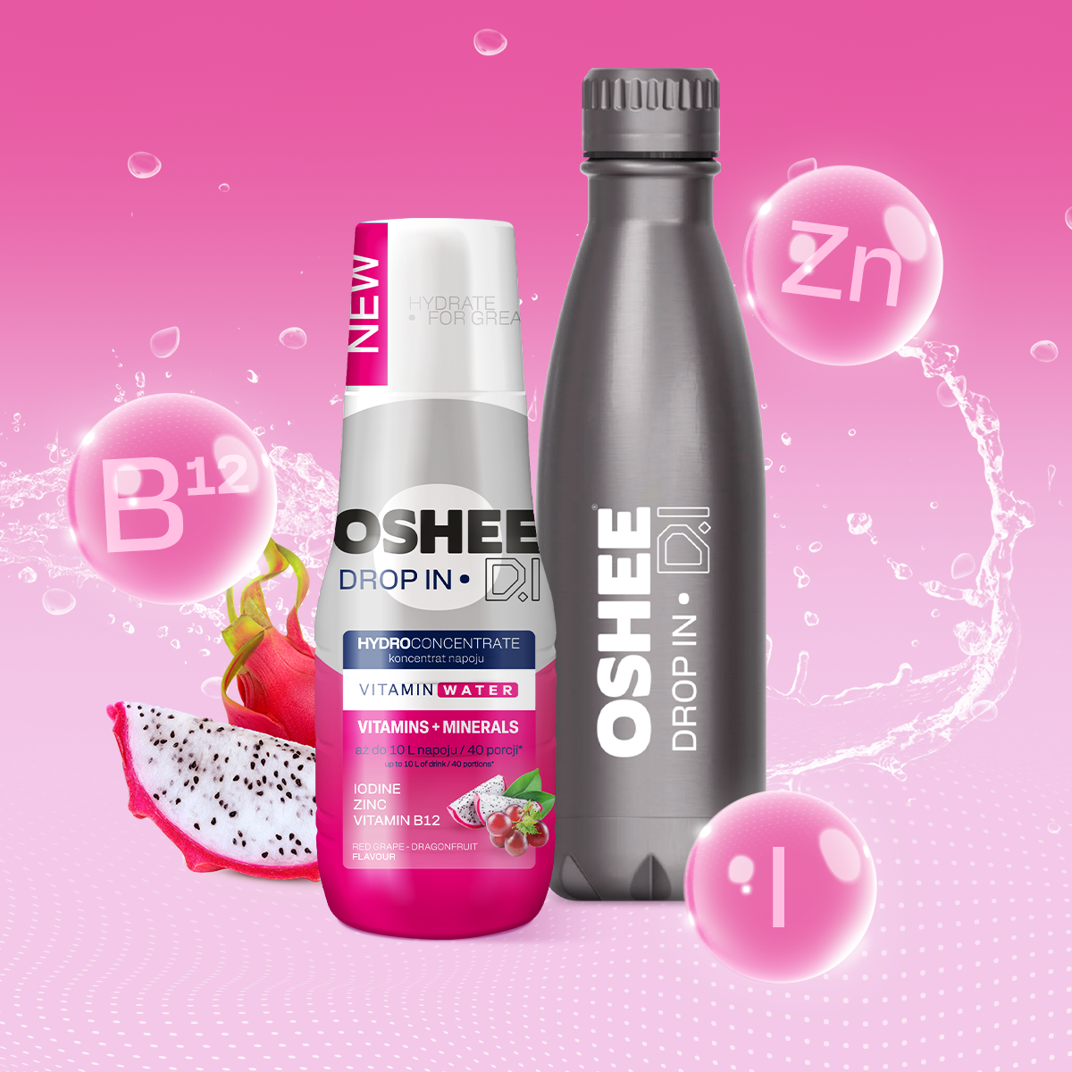 3x Hydrokoncentrat OSHEE DROP IN Witaminy Minerały +Bidon termiczny SILVER
