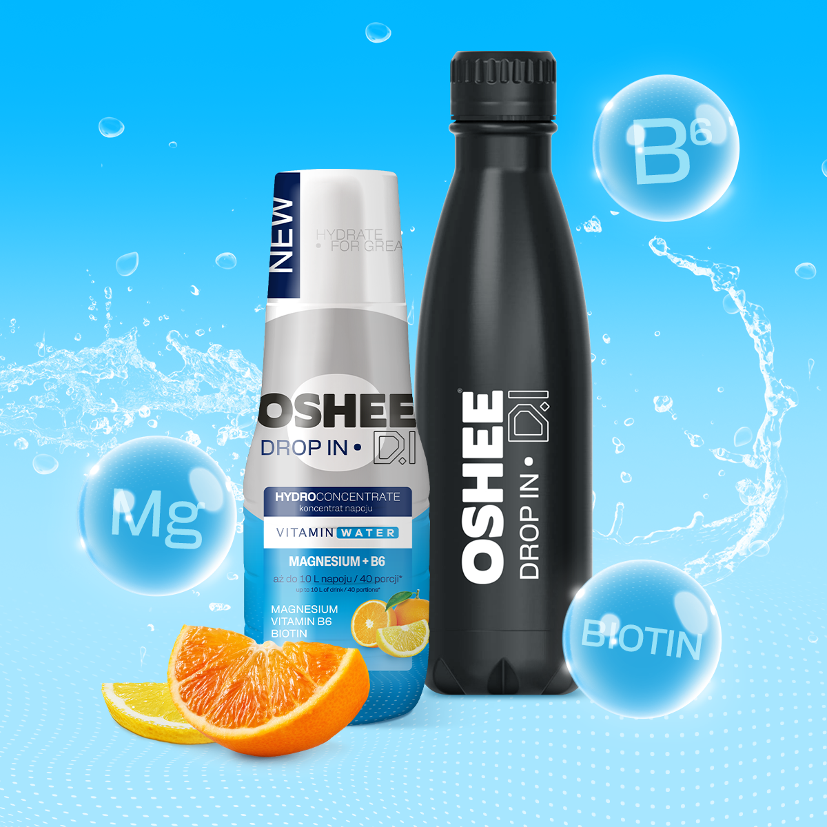 Hydrokoncentrat OSHEE DROP IN Witaminy i Magnez + Bidon termiczny BLACK