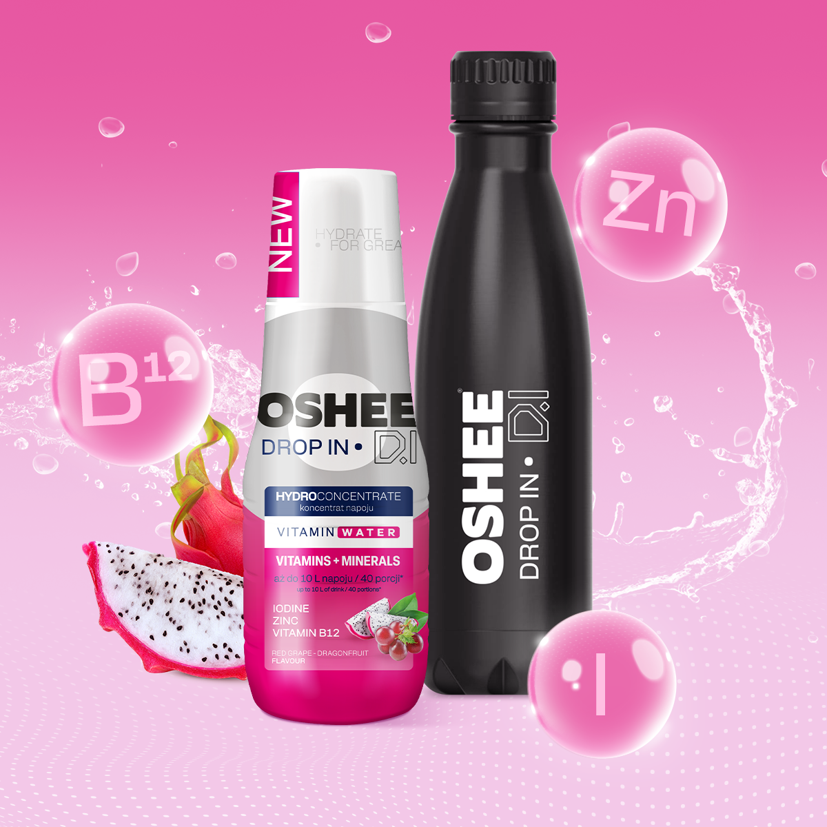 3x Hydrokoncentrat OSHEE DROP IN Witaminy +Minerały + Bidon termiczny BLACK