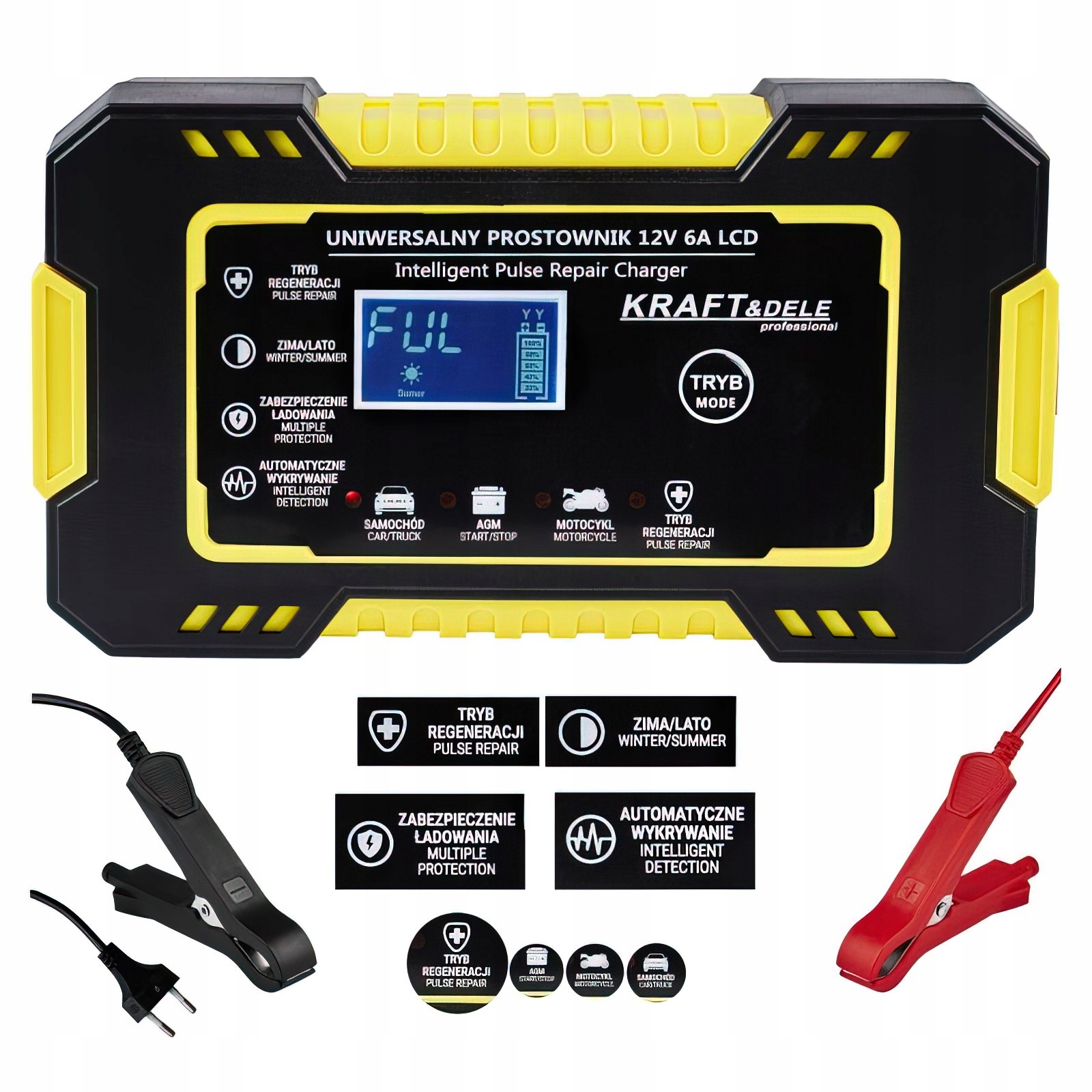 Automatyczny Prostownik Akumulatorowy Ładowarka LCD 12V / 6A Kraft&Dele