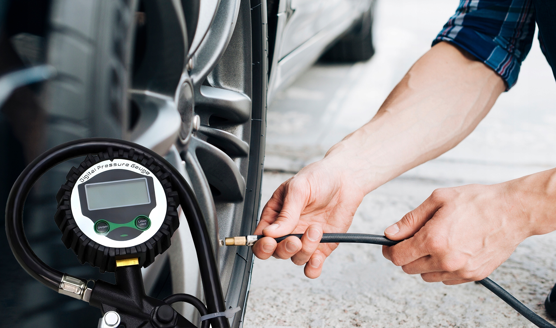 Cyfrowy LCD Pistolet Pompowania Kół Opon Manometr 12 bar 1/4'' KRAFT&DELE