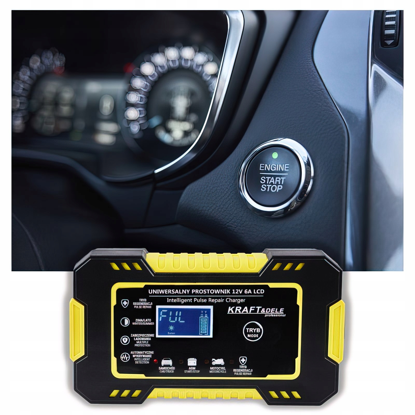 Automatyczny Prostownik Akumulatorowy Ładowarka LCD 12V / 6A Kraft&Dele