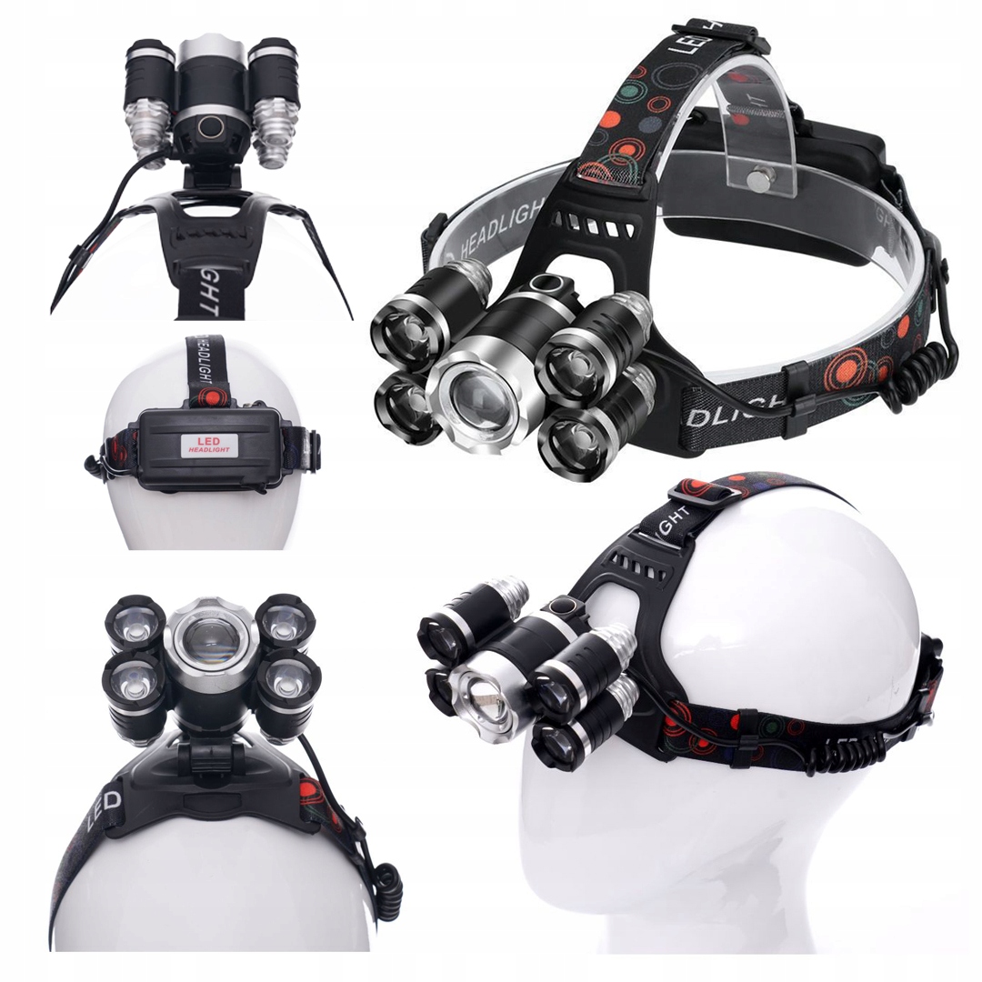 Latarka Czołowa 5 X Led T6 Cree Czołówka Bateria Kraft&Dele
