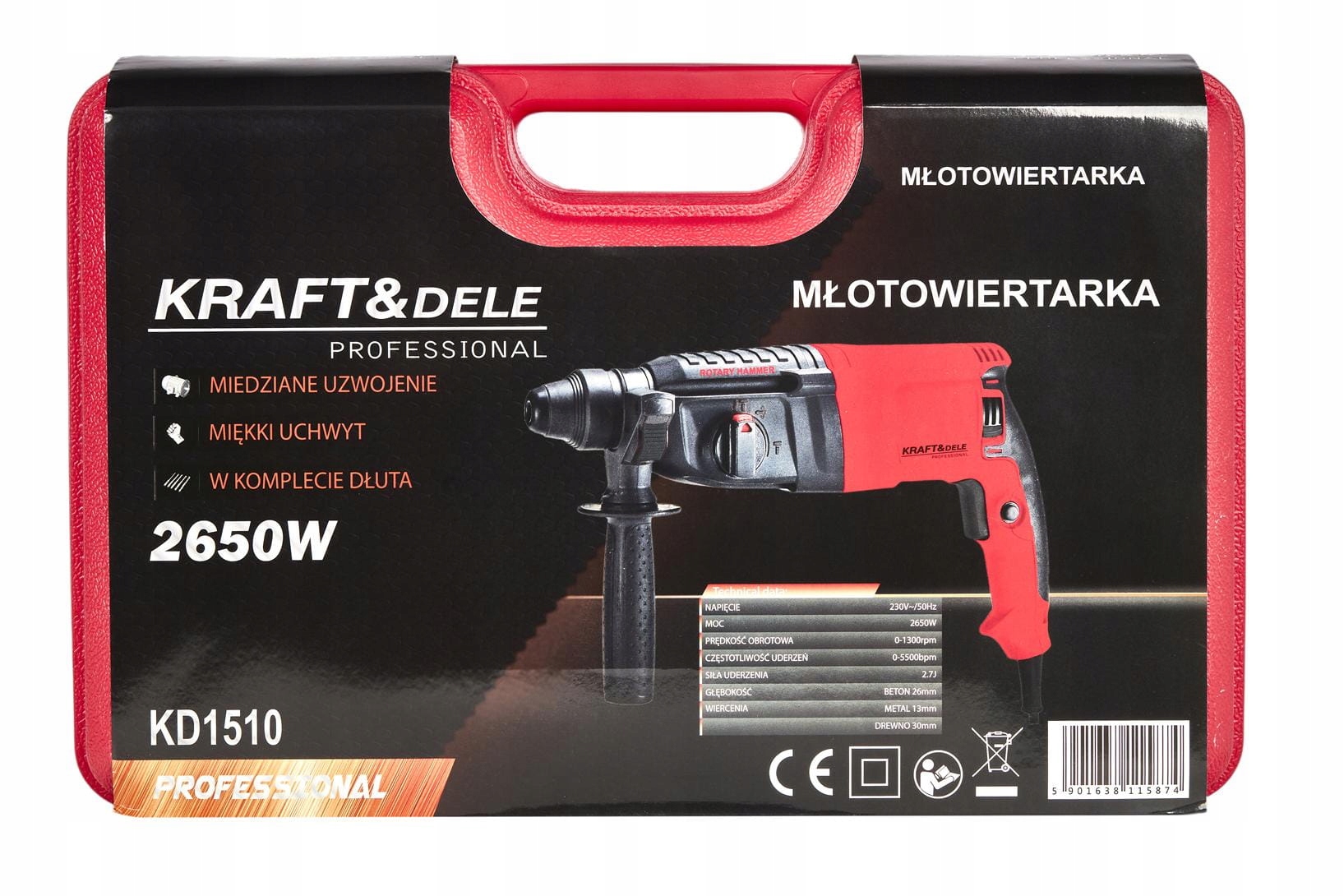 Młot Udarowy 2650W 230V SDS-PLUS 1300 RPM 5500/min Uderzeń 3w1 Kraft&Dele