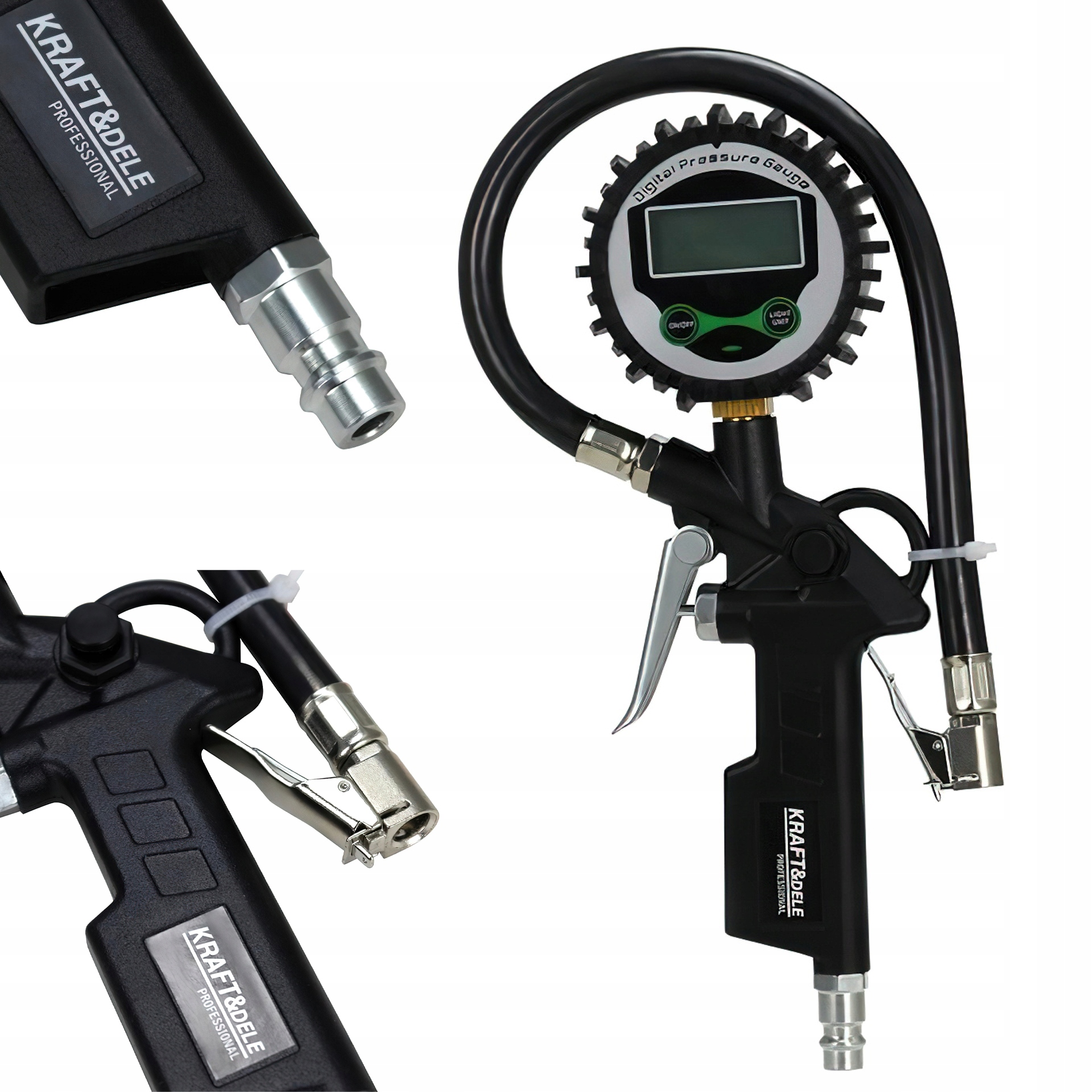 Cyfrowy LCD Pistolet Pompowania Kół Opon Manometr 12 bar 1/4'' KRAFT&DELE
