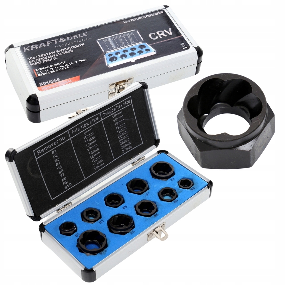 WYKRĘTAKI NASADKI DO ZERWANYCH USZKODZONYCH ŚRUB WALIZKA 10 SZT KRAFT&DELE