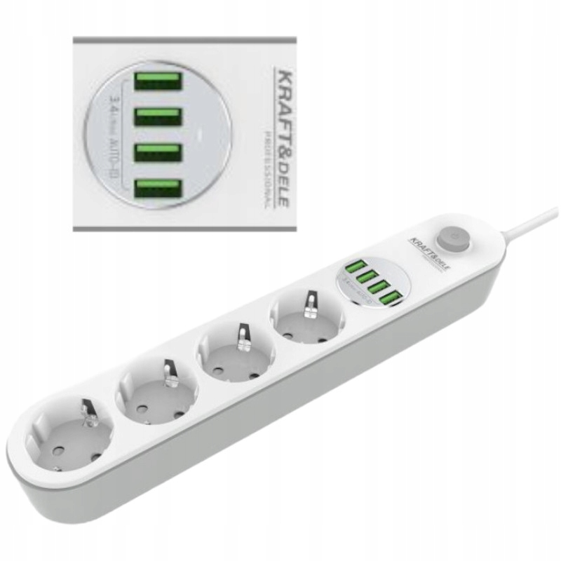 Przedłużacz 2m listwa 4xUSB + 4x230V z włącznikiem