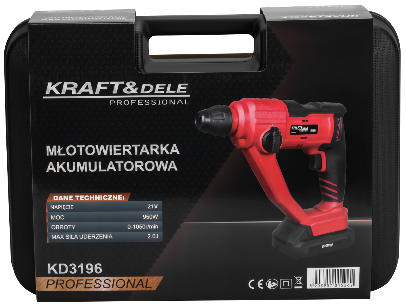 Młot Udarowy Bezszczotkowy 21V SDS Plus Akumulatorowy 2x 4Ah 2J Kraft&Dele