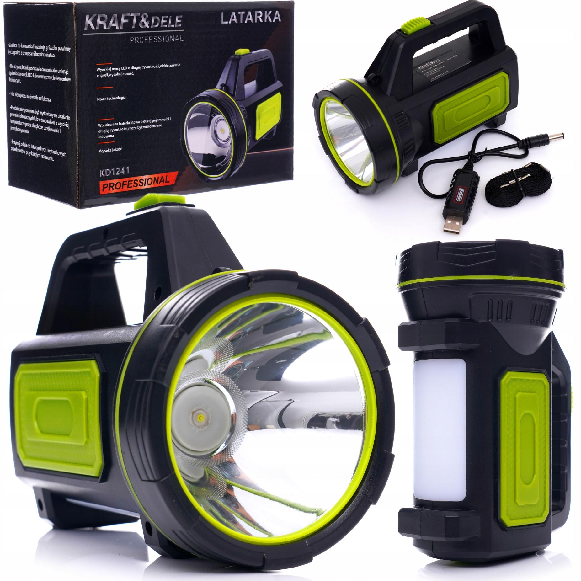 Latarka Boczna Reflektor Szperacz Bateria USB Kraft&Dele 1200 lm LED T6 10W