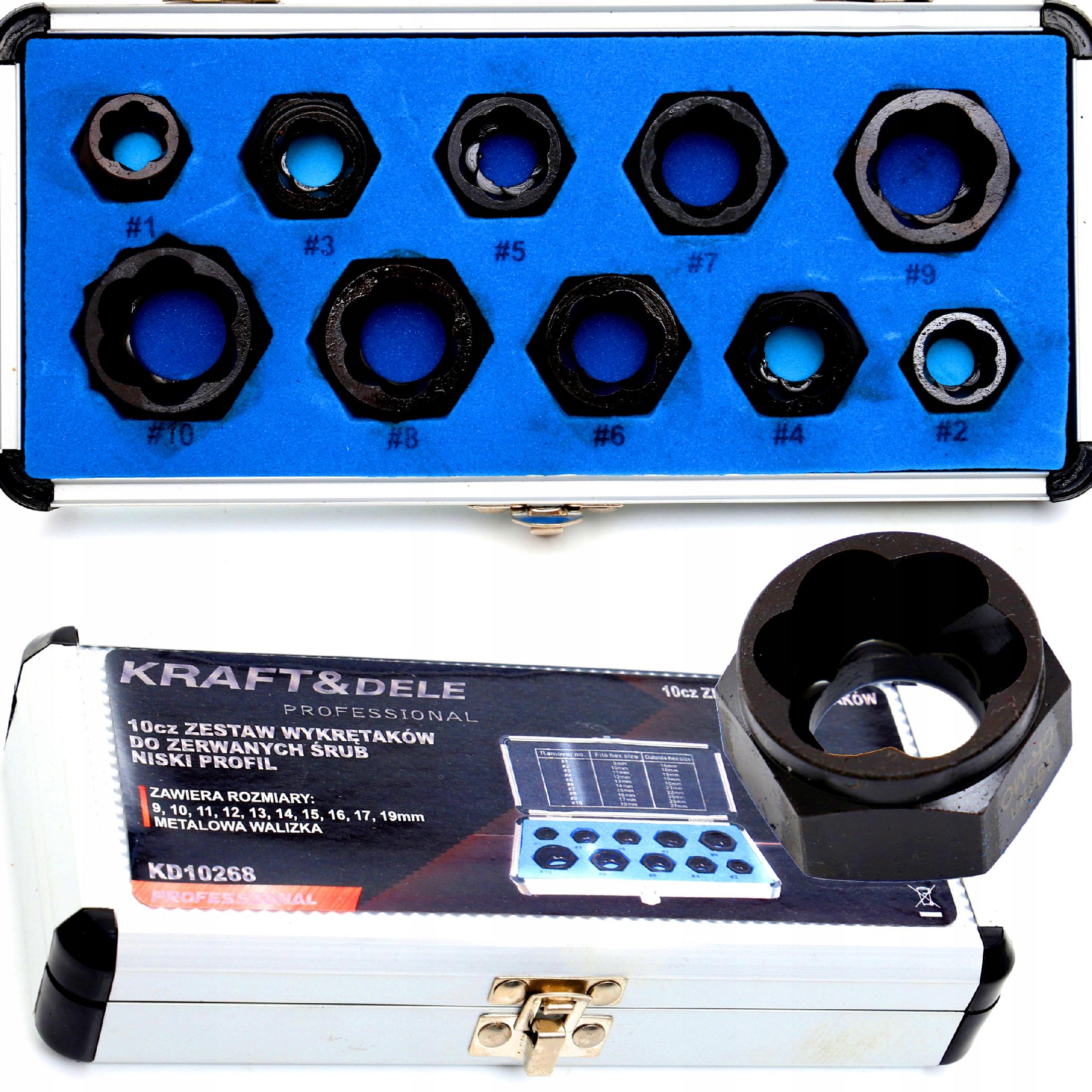 WYKRĘTAKI NASADKI DO ZERWANYCH USZKODZONYCH ŚRUB WALIZKA 10 SZT KRAFT&DELE