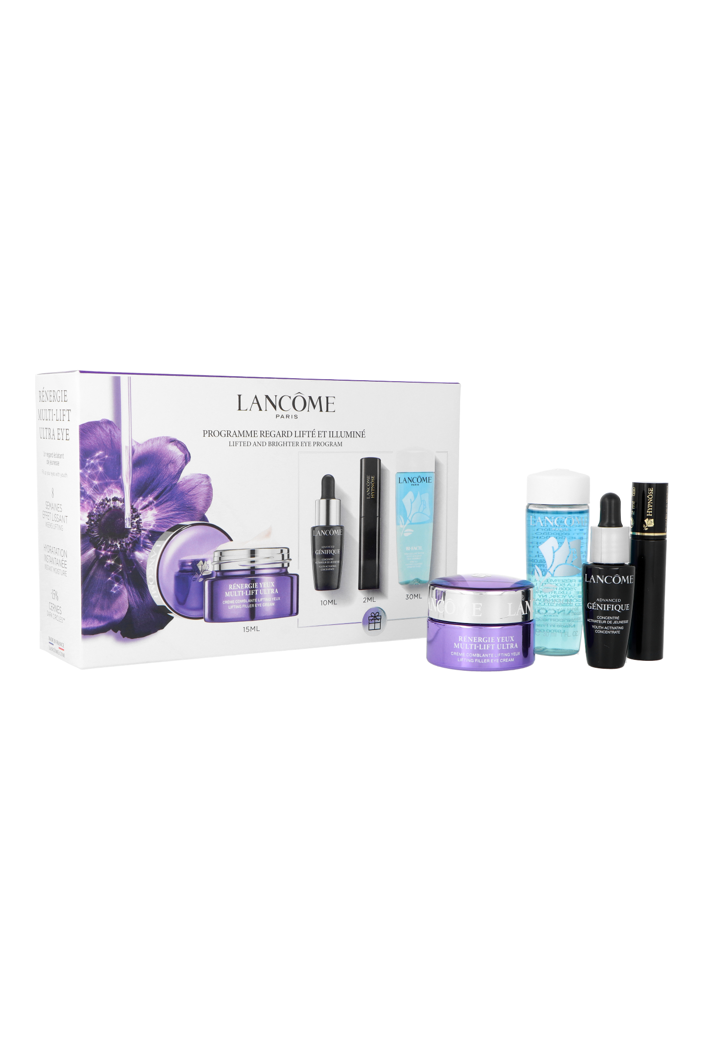 Zestaw Lancome Lifted and Brighter Eye Program Multi Lift Eye Cream 15 ml + Genifique Serum 10ml + Hypnose Mascara 2ml + Bi-Facil Makeup Remover 30ml