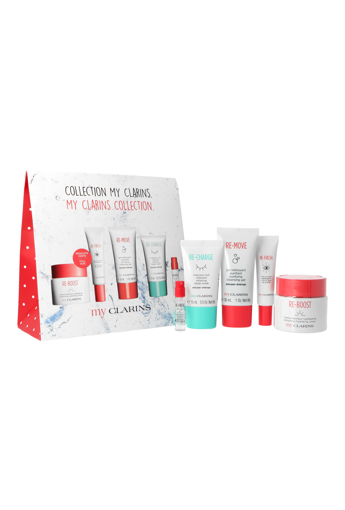 Zestaw Clarins My Clarins Re-fresh Roll On Eye 15ml + Re-boost Refreshing Hydrating Cream 50ml + Re-move Purifying Cleansing Gel 30ml + Re-boost Relaxing Sleep Mask 15ml + Re-fresh Hydrating Beauty Mi