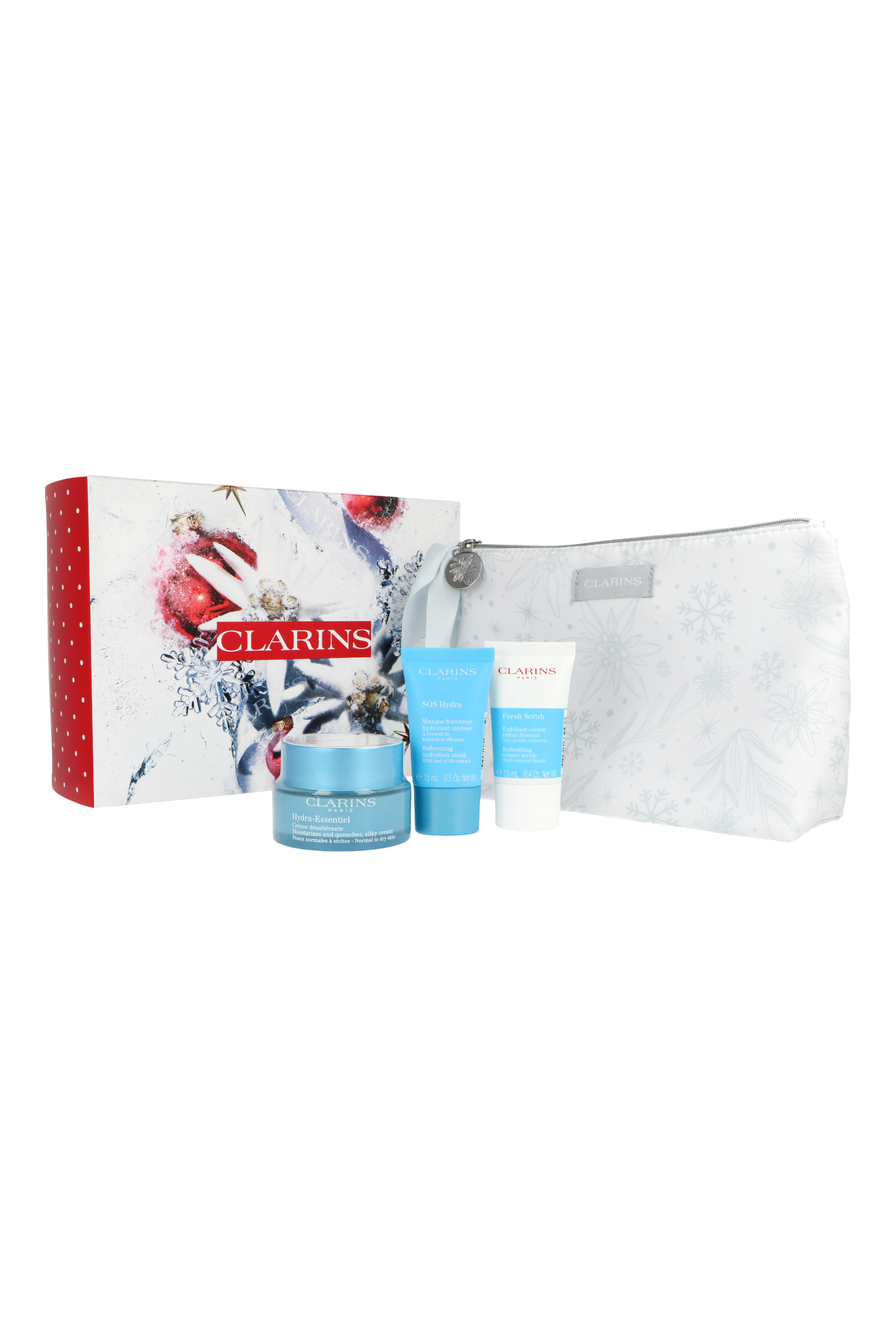 Zestaw Clarins Hydra Essentiel Hydra-Essentiel Cream 50ml + SOS Fesh Scrub 15ml + Mask SOS Hydra 15ml + Pouch