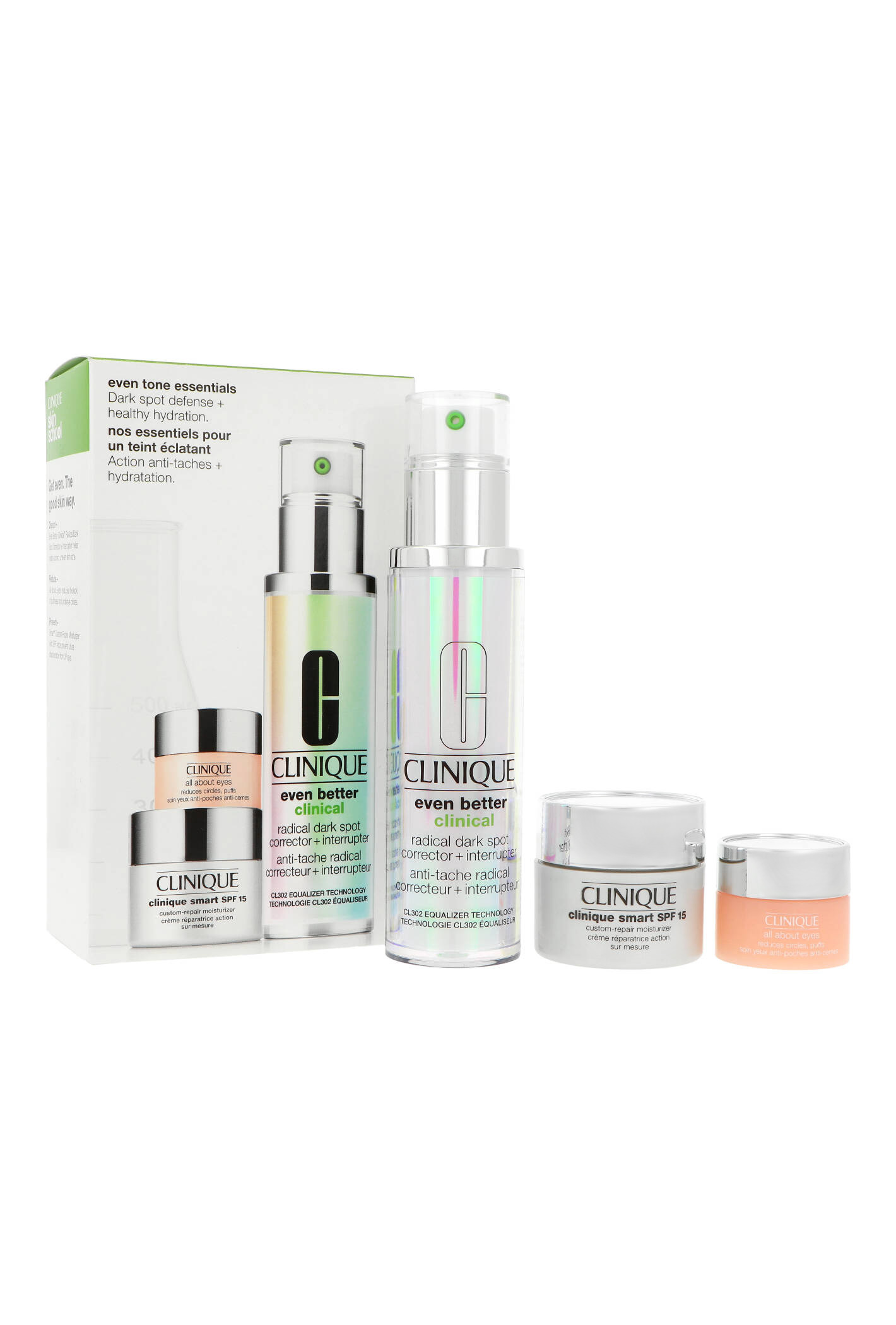 Zestaw Clinique Even Tone Essentials Even Better Clinical Radical Dark Spot Corrector + Interrupter 50ml + Smart Broad Spectrum Spf15 15ml + All About Eyes 5ml