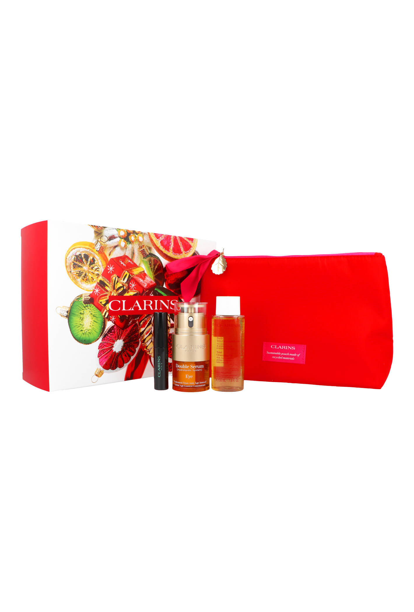 Zestaw Clarins Holiday Double Eye Serum 20ml + Total Cleansing Oil 50ml + Supra Lift & Curl Mascara 3ml + Pouch