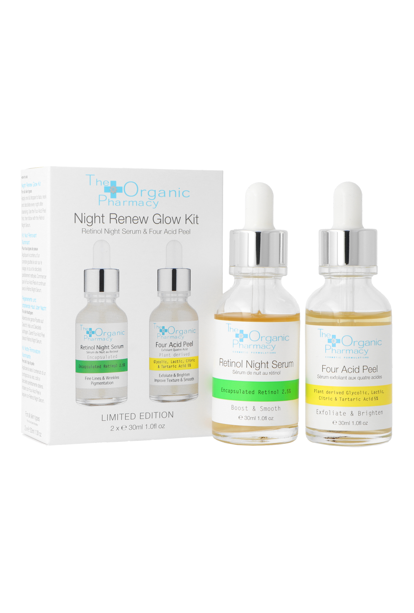 Zestaw The Organic Pharmacy Night Repair Glow Four Acid Peel Exfoliate & Brighten 30ml + Retinol Night Serum Fine Lines & Wrinkles 30ml