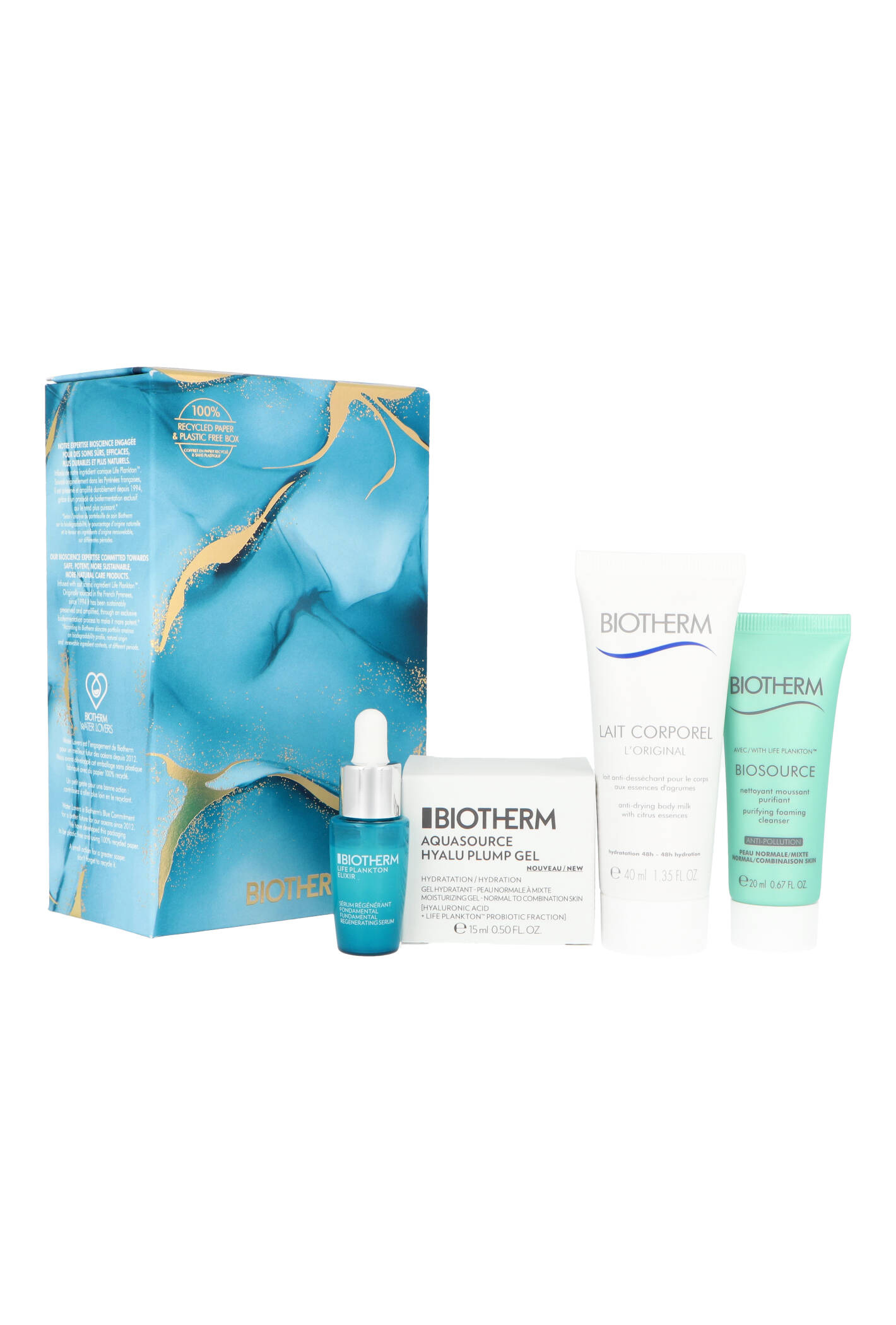 Zestaw Biotherm Aquasource Plump Moisturizing Gel Cream 15ml + Body Milk 40ml + Biosource Cleansing Foaming Gel 20ml + Life Plankton Elixir Essential Care Serum 7ml