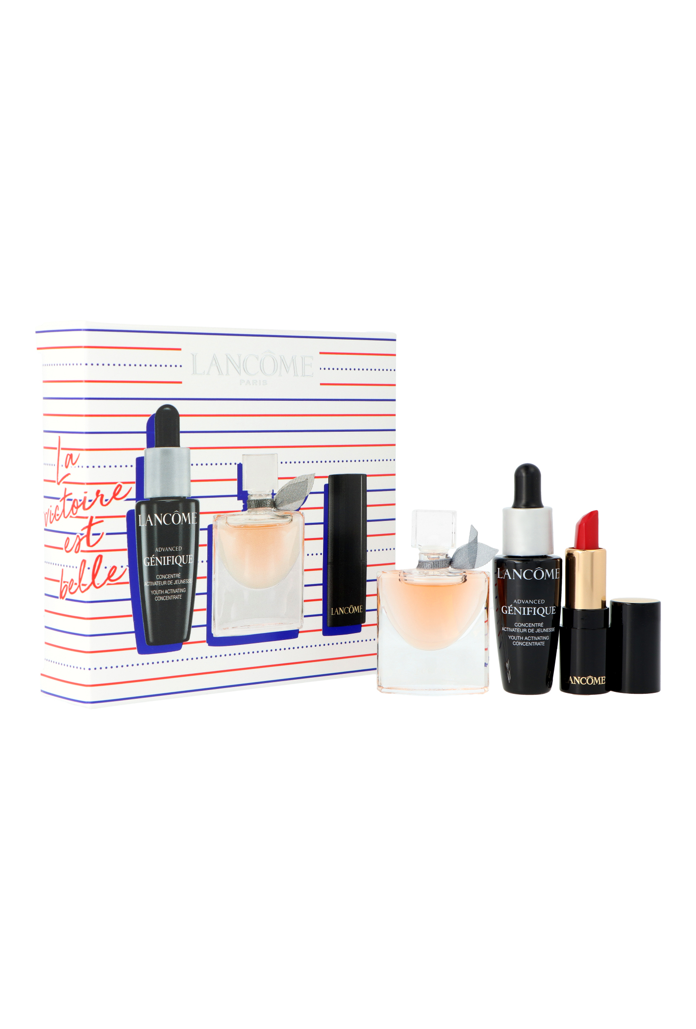 Zestaw Lancome La Vie Est Belle Edp 4ml + L`Absolu Rouge Ruby Cream 01 Bad Blood Ruby 1,3g + Serum Advanced Genifique 10ml