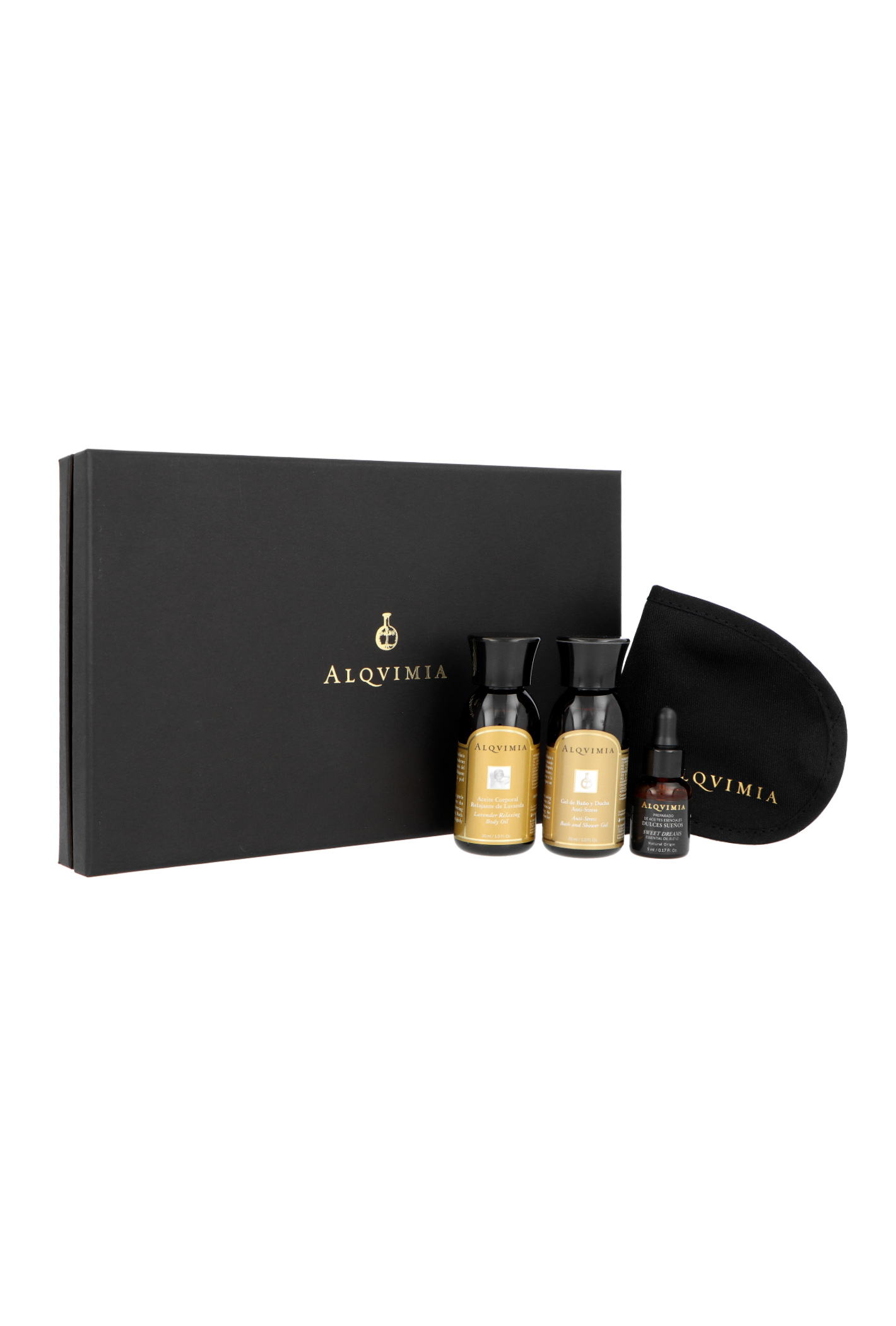 Zestaw Alqvimia Sweet Dreams Supreme Beauty & Spa Experience Anti-Stress Bath & Shower Gel 30 ml + Lavender Relaxing Body Oil 30 ml + Sweet Dreams Essential Oil Blend 5 ml + Sweet Dreams Mask + Scent