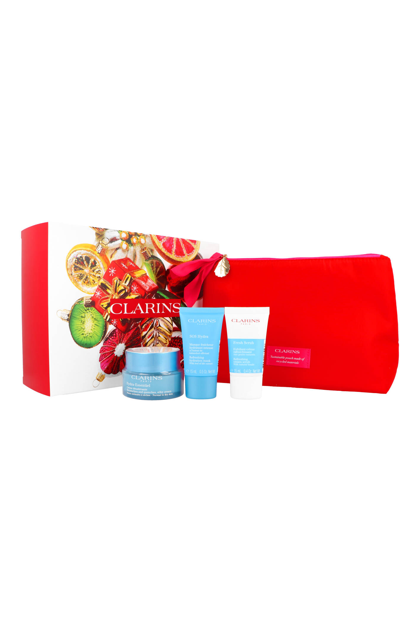 Zestaw Clarins Hydra Essentiel Cream 50ml + Fresh Scrub 15ml + SOS Hydra Mask 15ml + Pouch