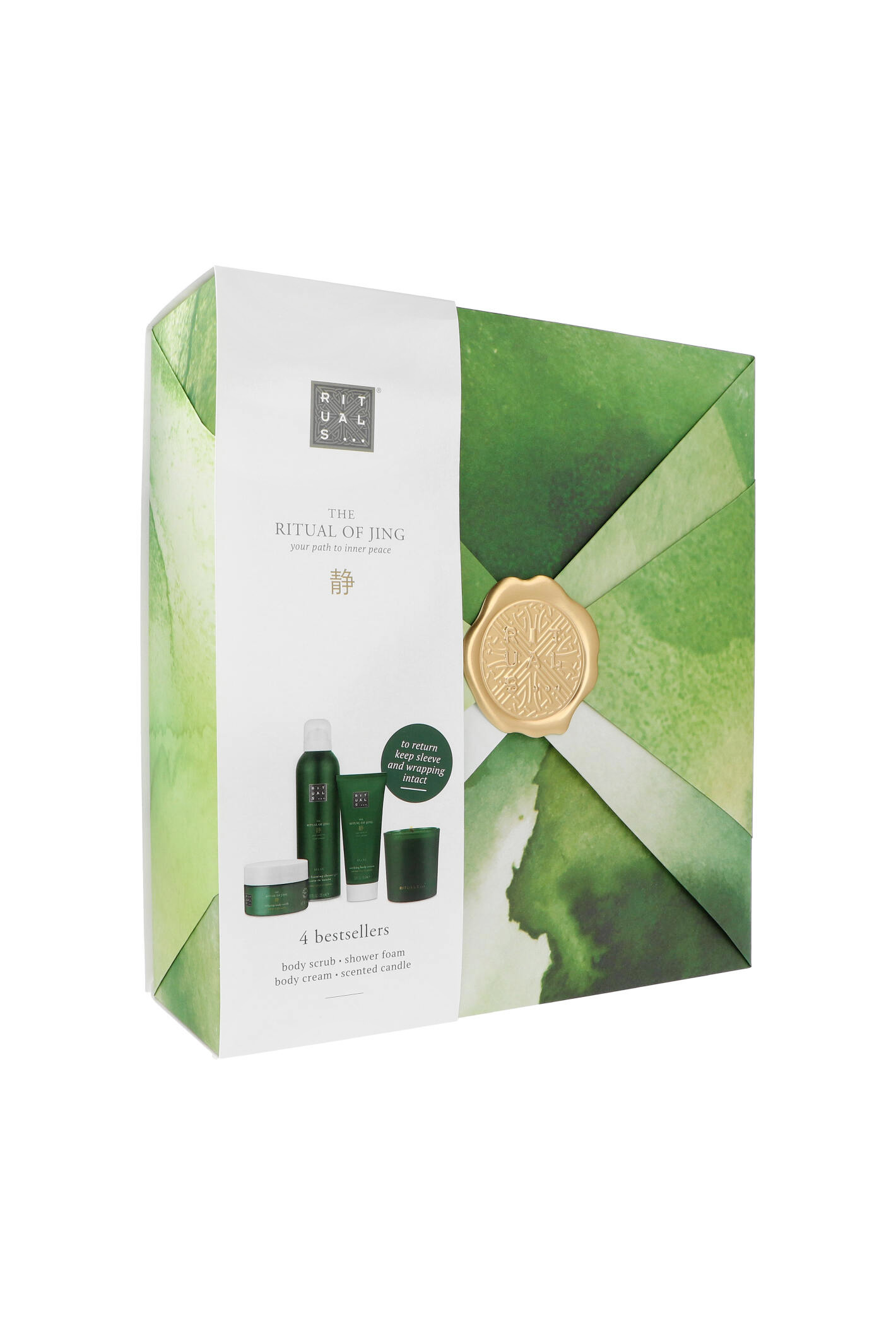 Zestaw Rituals The Ritual Of Jing - Medium 2023 Foaming Showergel 200ml + Body Cream 100ml + Body Scrub 125g + Candle 140g