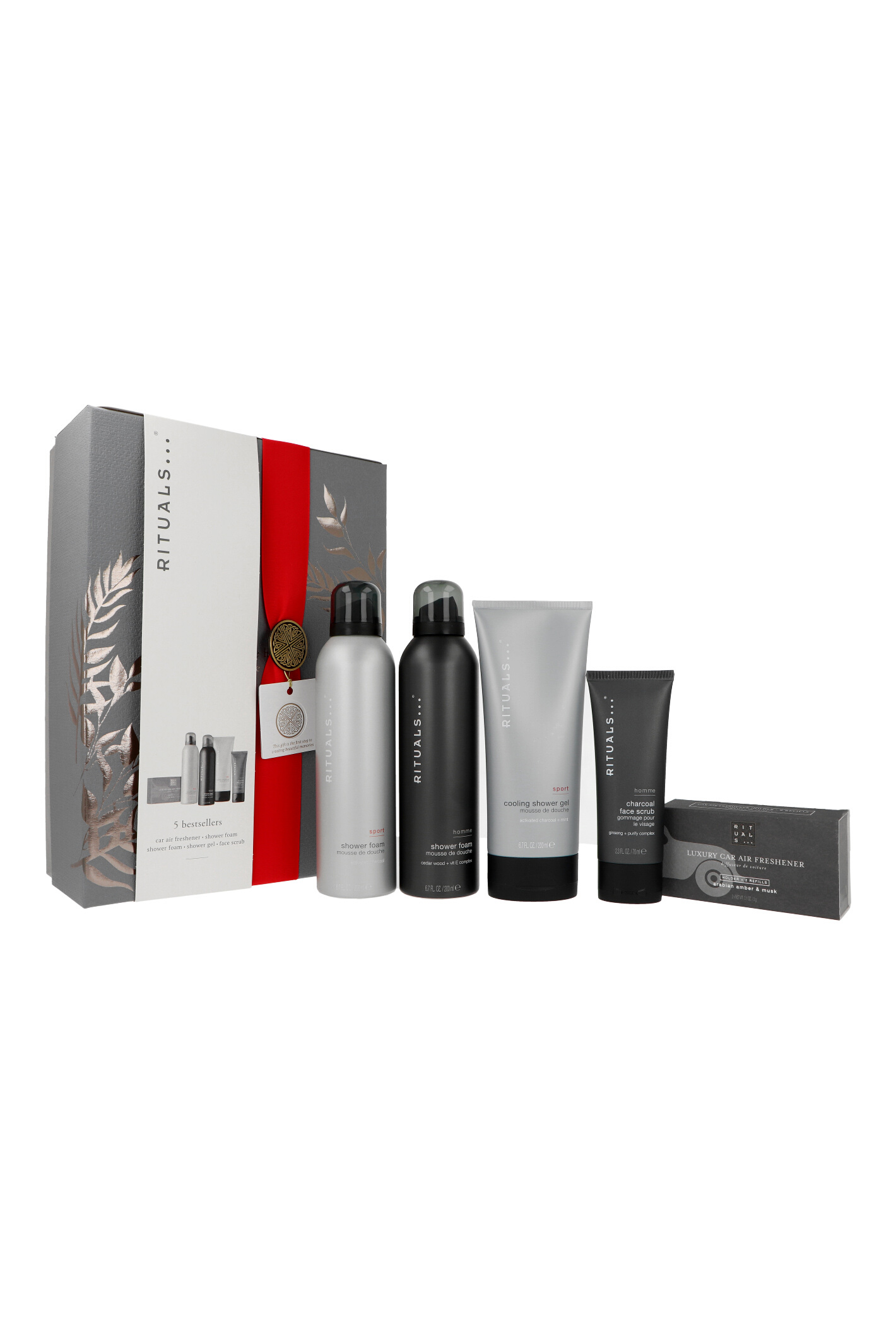 Zestaw Rituals Homme - Large 2024 Foaming Shower Gel 200ml + Sport Foaming Shower Gel 200ml + Sport Shower Gel 200ml + Homme Face Scrub 70ml + Car Air Freshener