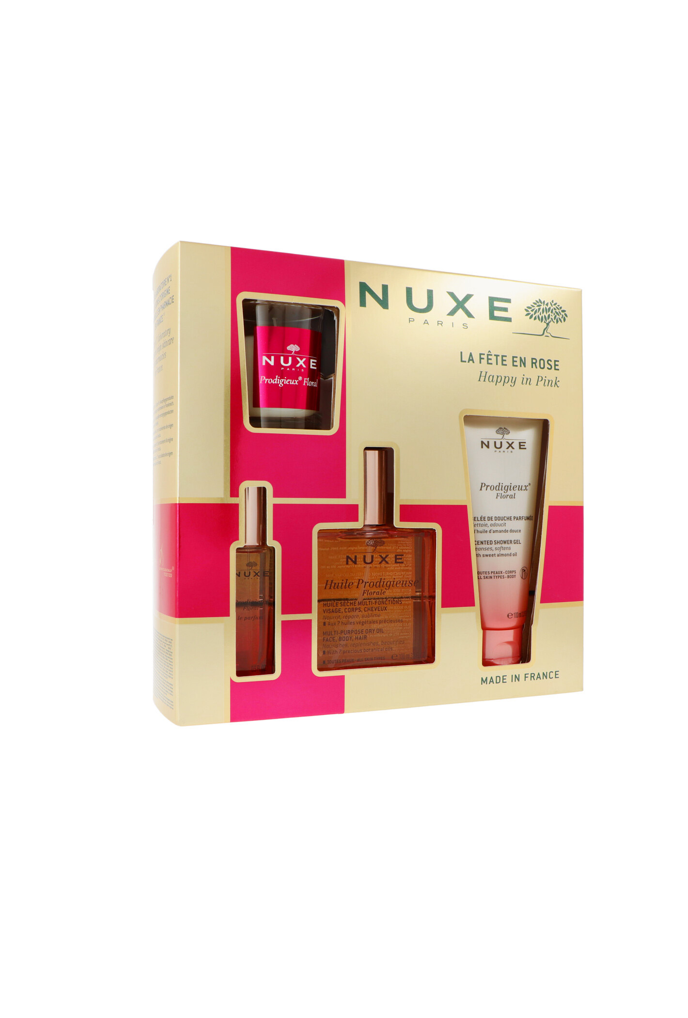 Zestaw Nuxe Happy In Pink Huile Prodigieuse Florale Dry Oil 100ml + Prodigieux Floral Shower Gel 100ml + Prodigieux Floral Le Parfum 15ml + Prodigieux Floral Scented Candle 70g