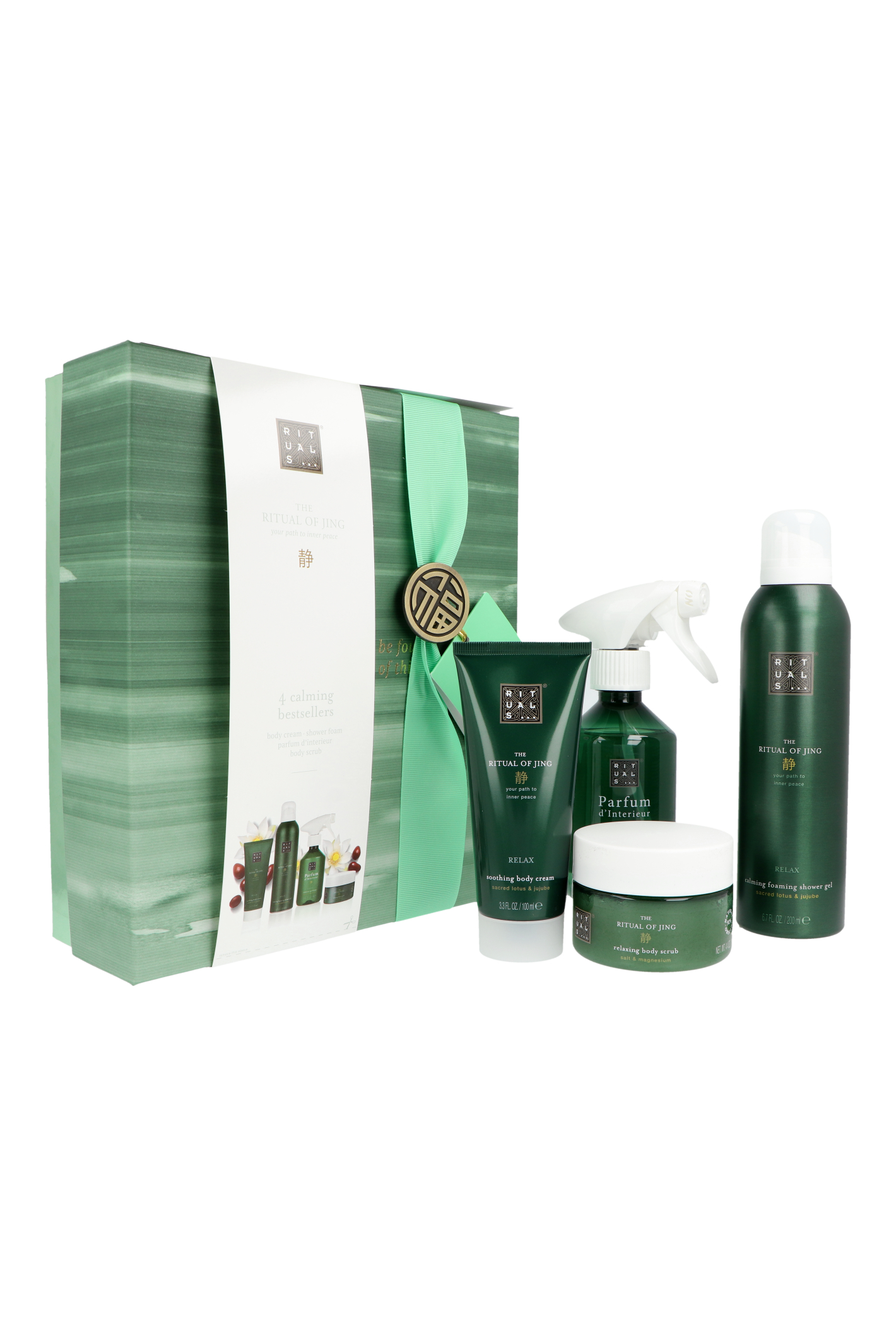 Zdjęcie produktu Zestaw Rituals The Ritual Of Jing Foaming Shower Gel 200ml + Body Cream 100ml + Body Scrub 125g + Interior Perfume 250ml
