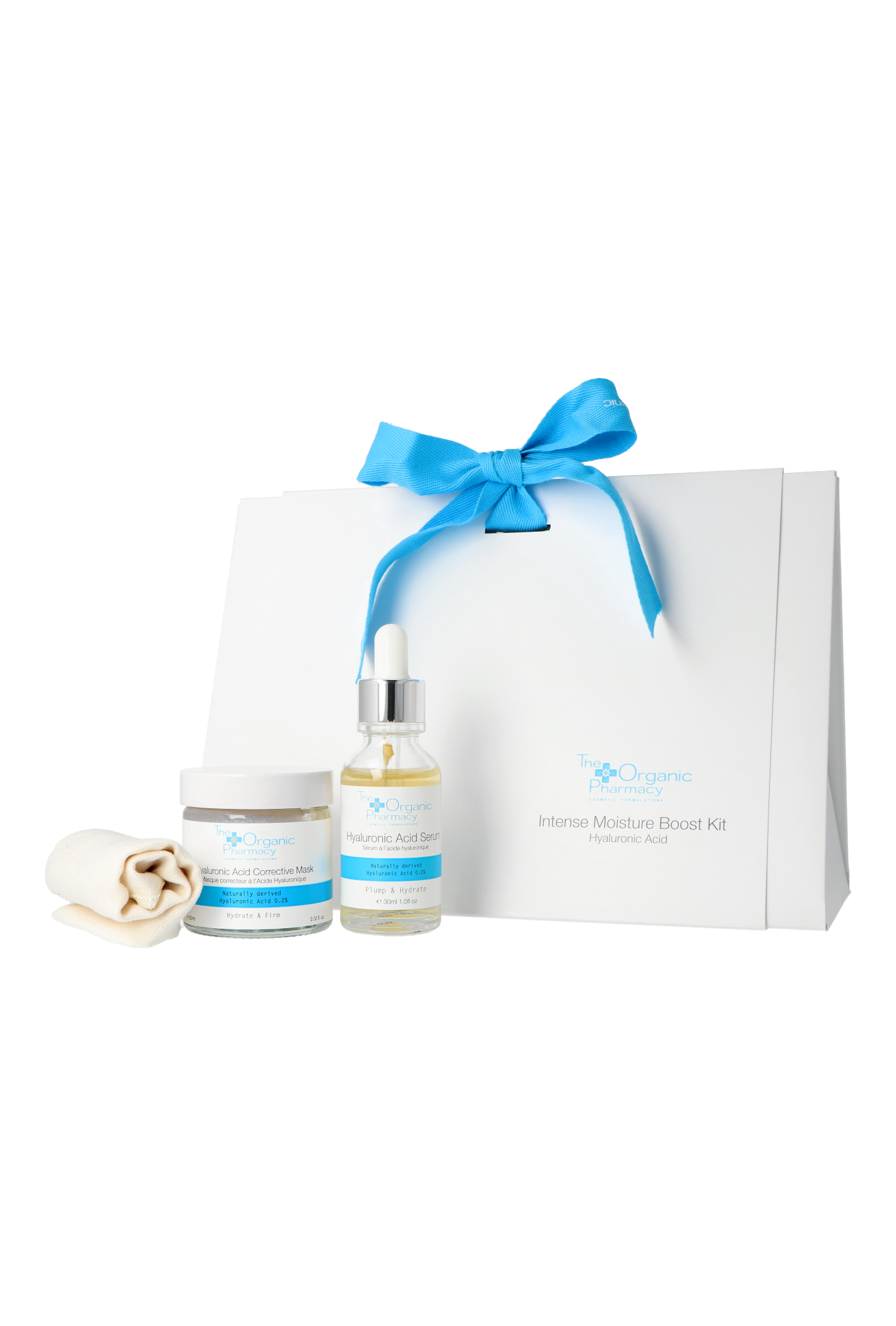 Zestaw The Organic Pharmacy Hyaluronic Acid Serum Plump & Hydrate 30ml + Mask Plum & Hydrate 60ml + Organic Muslin Cloth