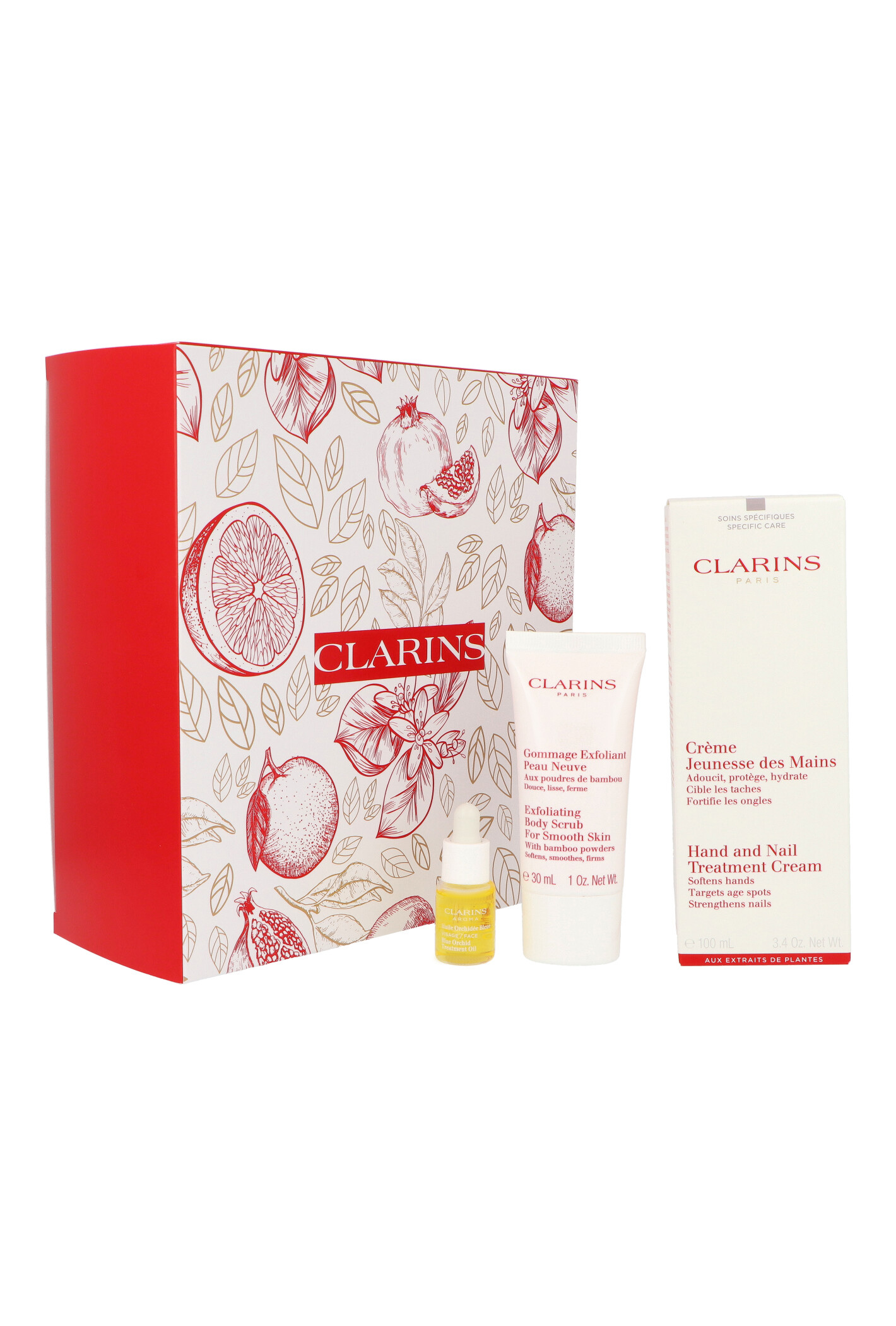 Zestaw Clarins Hand & Nail Treatment Cream 100ml + Blue Orchid Oil 5ml + Exfoliating Body Scrub 30ml