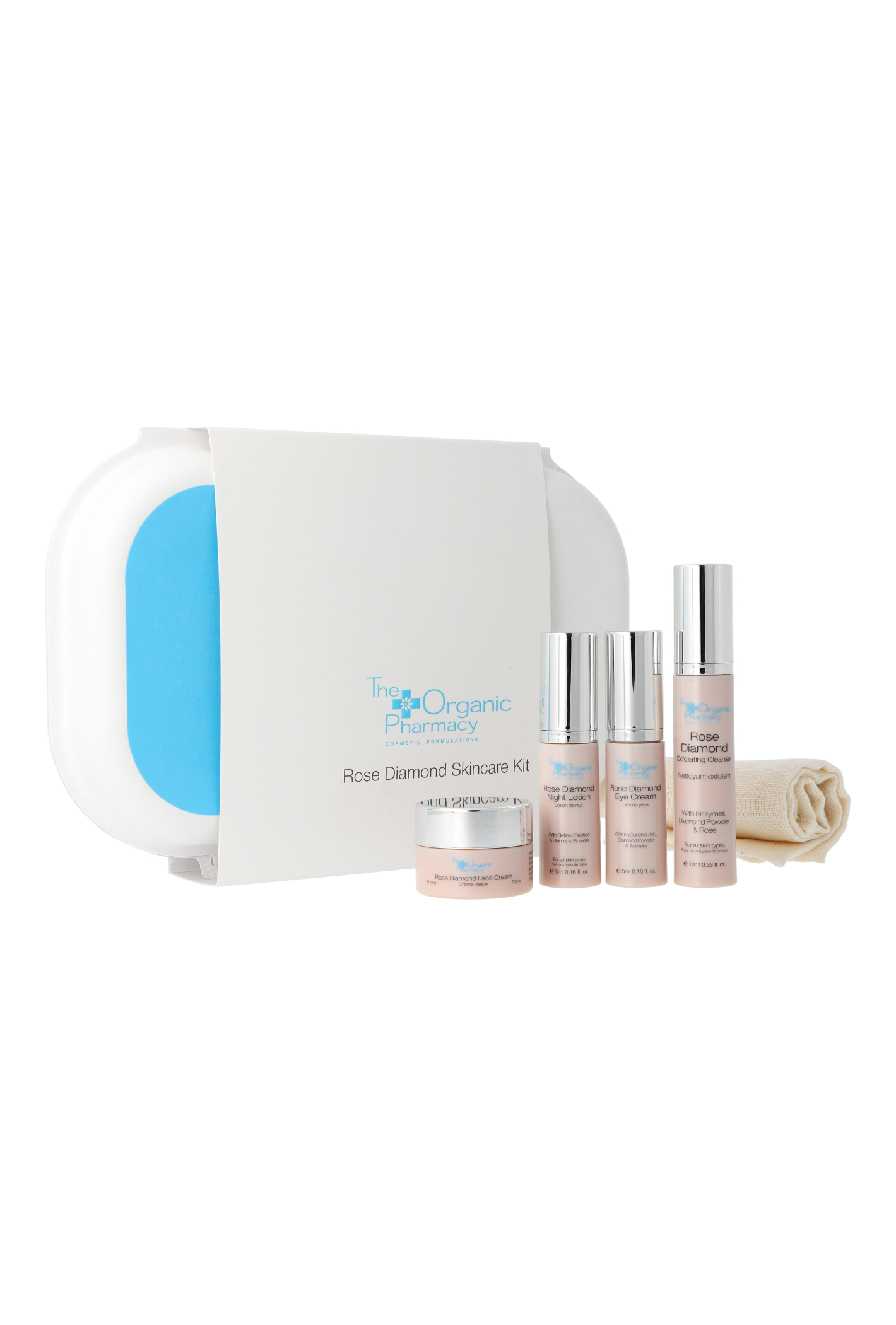 Zestaw The Organic Pharmacy Rose Diamond Skincare Eye Cream 5ml + Night Lotion 5ml + Exfoliating Cleanser 10ml + Face Cream 10ml + Organic Muslin Cloth