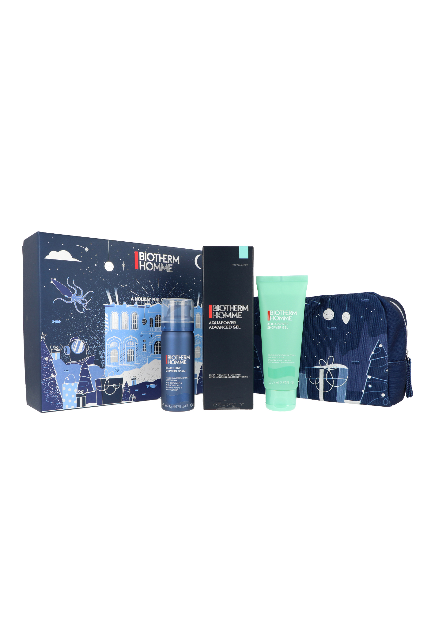 Zestaw Biotherm Homme Aquapower Shower Gel 75ml + Advanced Gel 75ml + Shaving Foam 50ml + Pouch