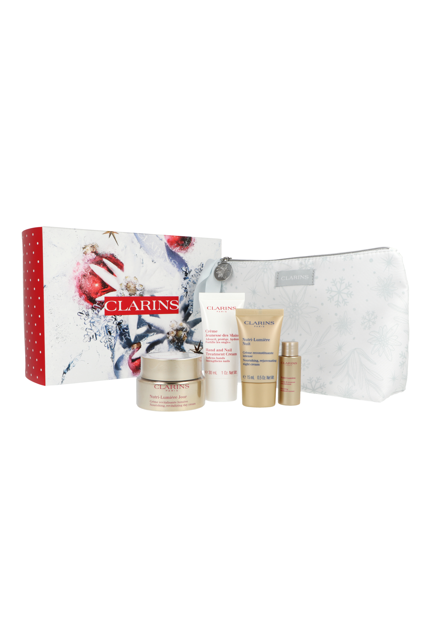 Zestaw Clarins Nutri-Lumiere Day Cream 50ml + Nutri-Lumiere Lotion 10ml + Nutri-Lumiere Night Cream 15ml + Hand and Nail Treatment Cream 30ml + Pouch