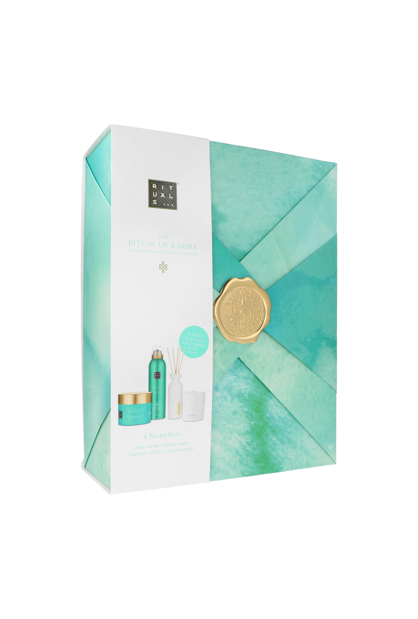 Zestaw Rituals The Ritual Of Karma - Large 2023 Foaming Shower Gel 200ml + Fragrance Sticks 70ml + Body Cream 200ml + Candle 140g