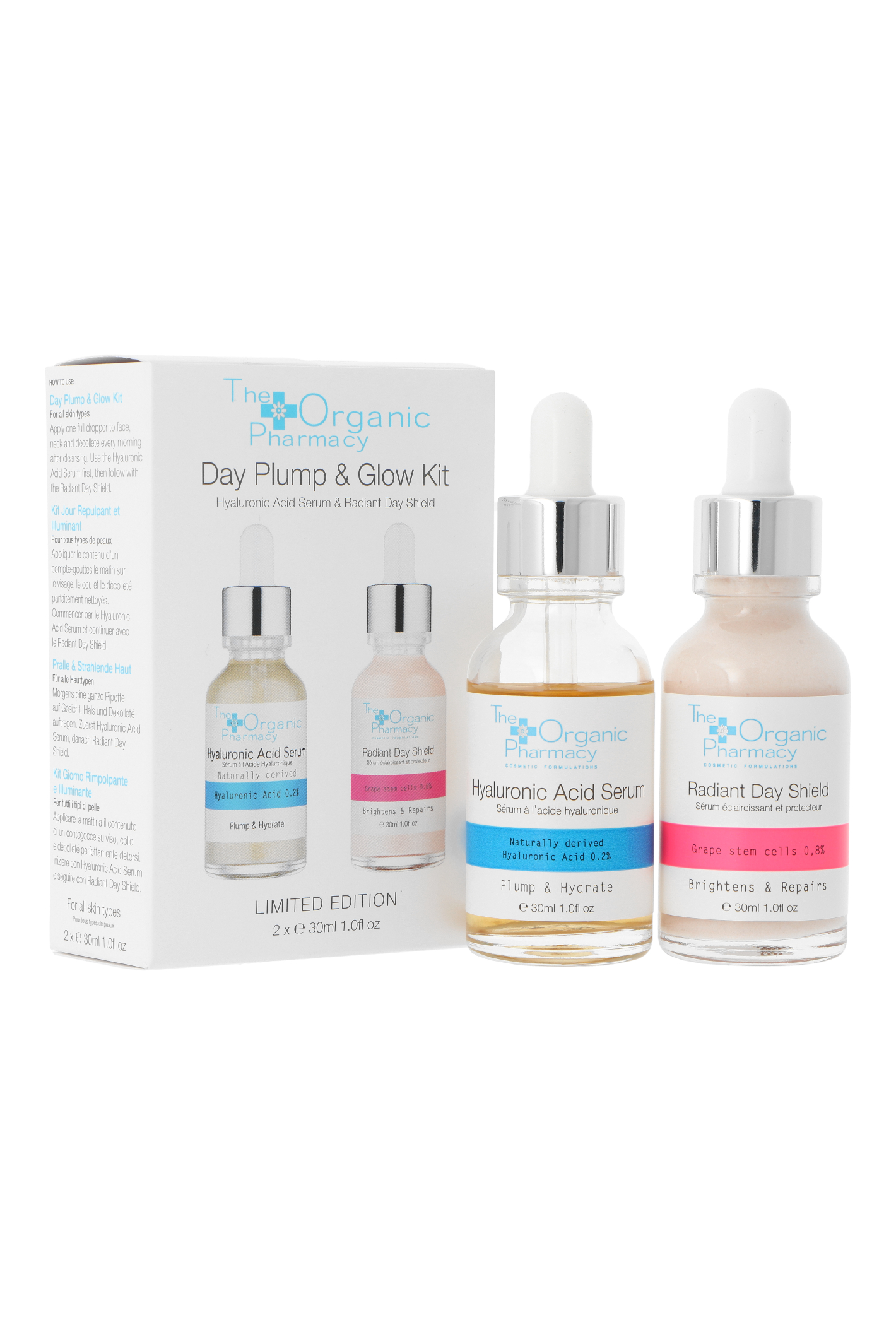 Zestaw The Organic Pharmacy Day Plump & Glow Radiant Day Shield Brightens & Repairs 30ml + Hyaluronic Acid Serum Plump & Hydrate 30ml