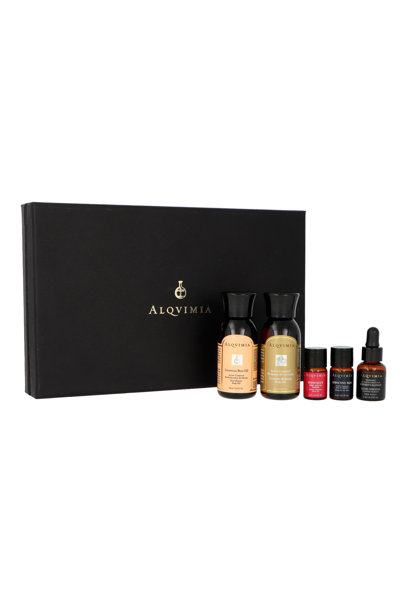 Zestaw Alqvimia Him & Her Supreme Beauty & Spa Experience Relaxing Lavender Body Oil 30ml + Generous Bust Body Oil 30ml + Sensuality Body Nectar 3ml + Seductive Man Body Oil 3ml + Preparation of Spiri