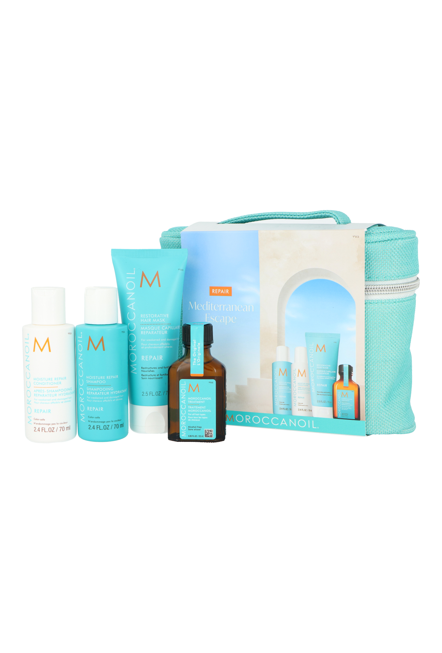 Zestaw Moroccanoil Mediterranean Escape Repair Restorative Hair Mask 75ml + Moisture Repair Shampoo 70ml + Moisture Repair Conditioner 70ml + Treatment 25ml + Pouch
